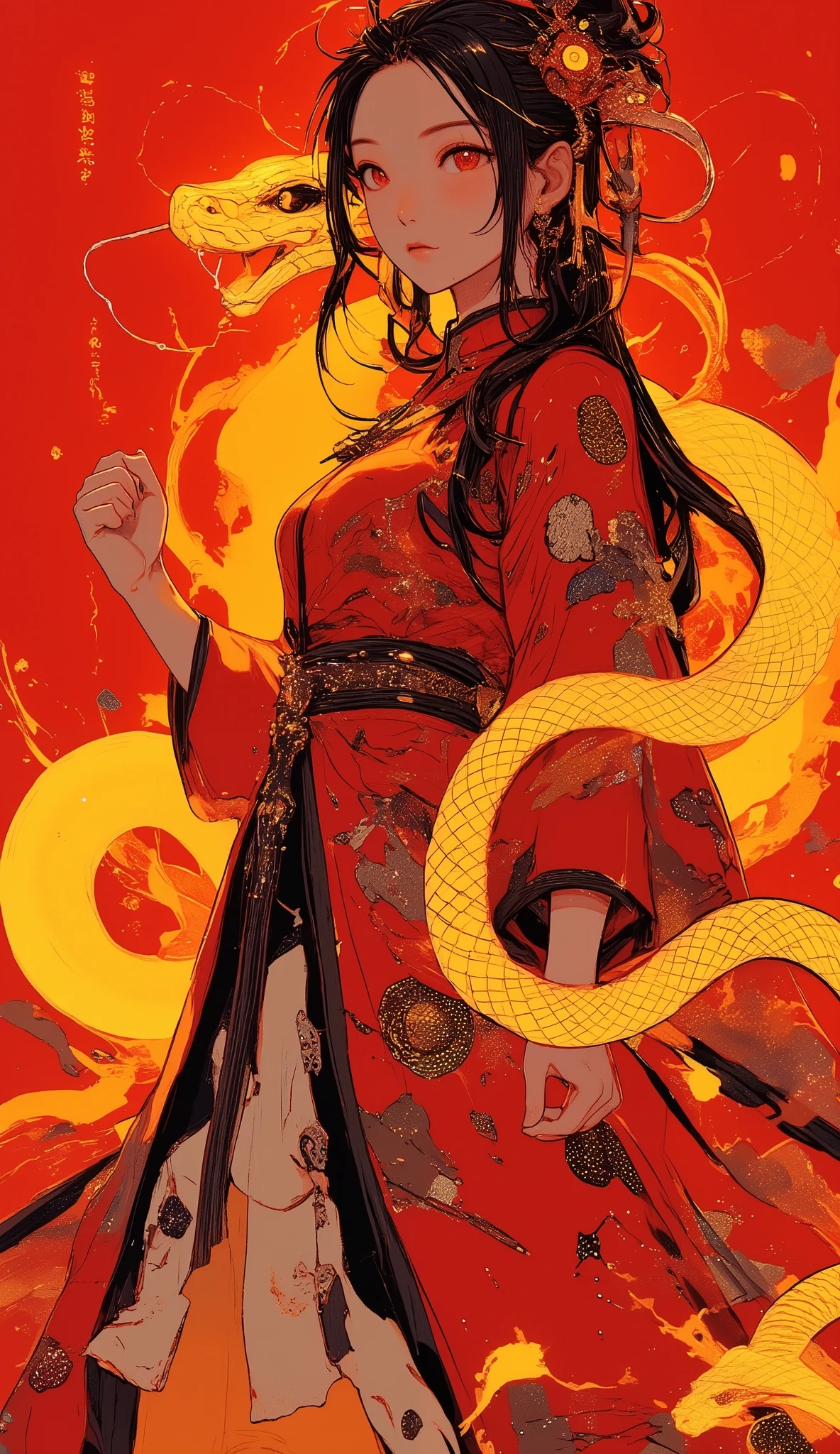 fullbody view, tifa from finalfantasy7 in Chinese traditional clothes,Fist clasping, with a snake, in style of red and yellow, new year style