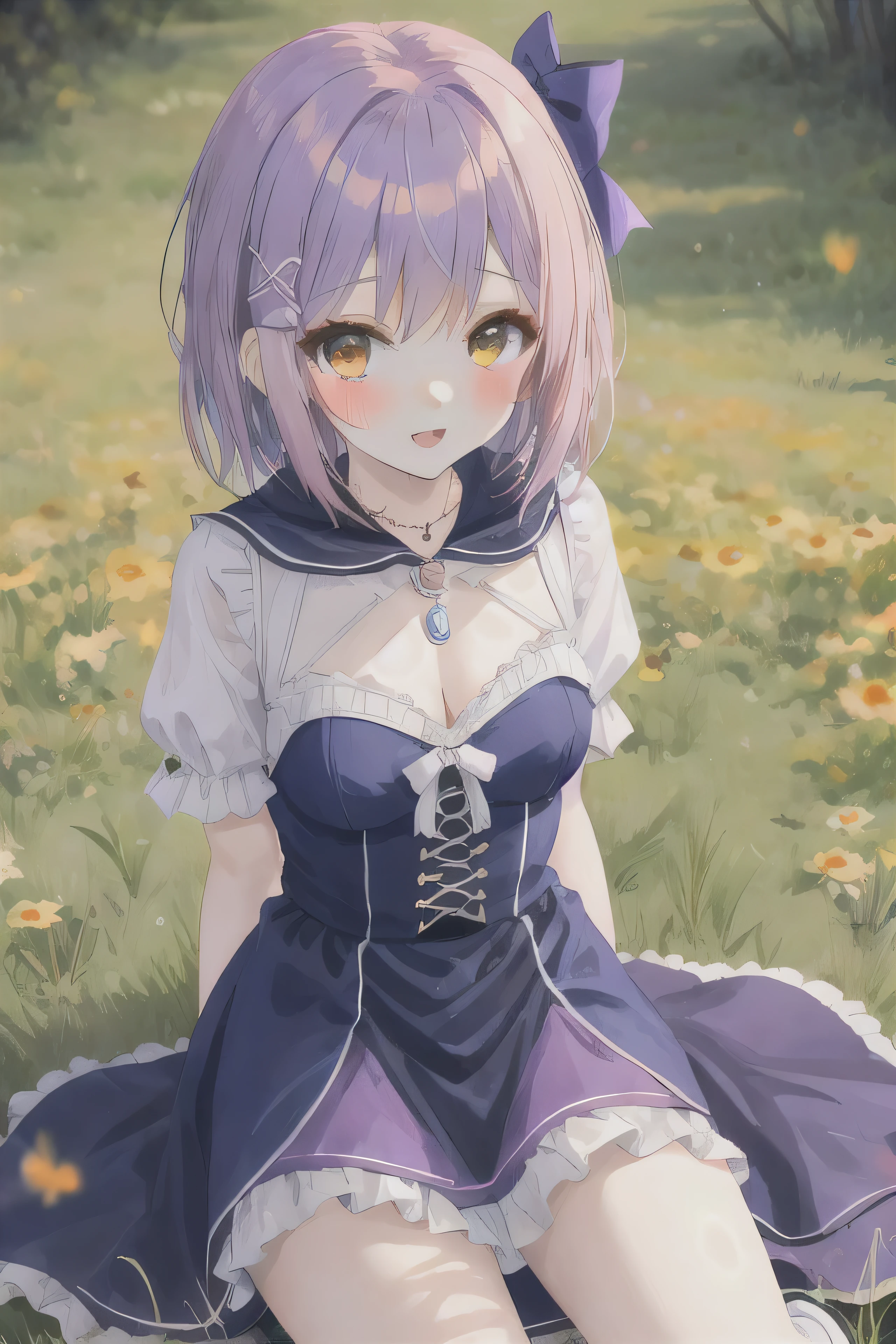 Anime Antanta - Young girl, light orange eyes, wild purple hair color, short hair, red bow on hair, pale skin, anemia, small breasts, necklace, blue dress, short white sleeves, country dress, dark ruffles, two big pink ribbons coming off the dress, black cape, rag boots, green meadows, sunrise