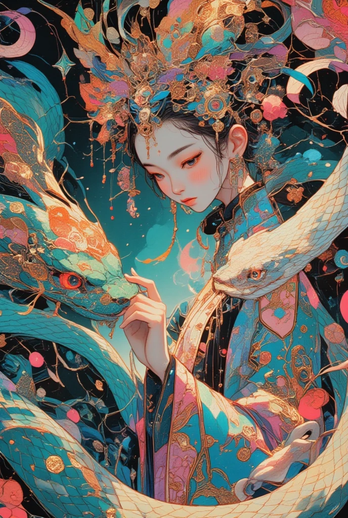 masterpiece, best quality,Chinese fairy, 1girl\(\) and iris red dragon, Chinese dragon pan glaring at girl, bun, dark gray background, --auto