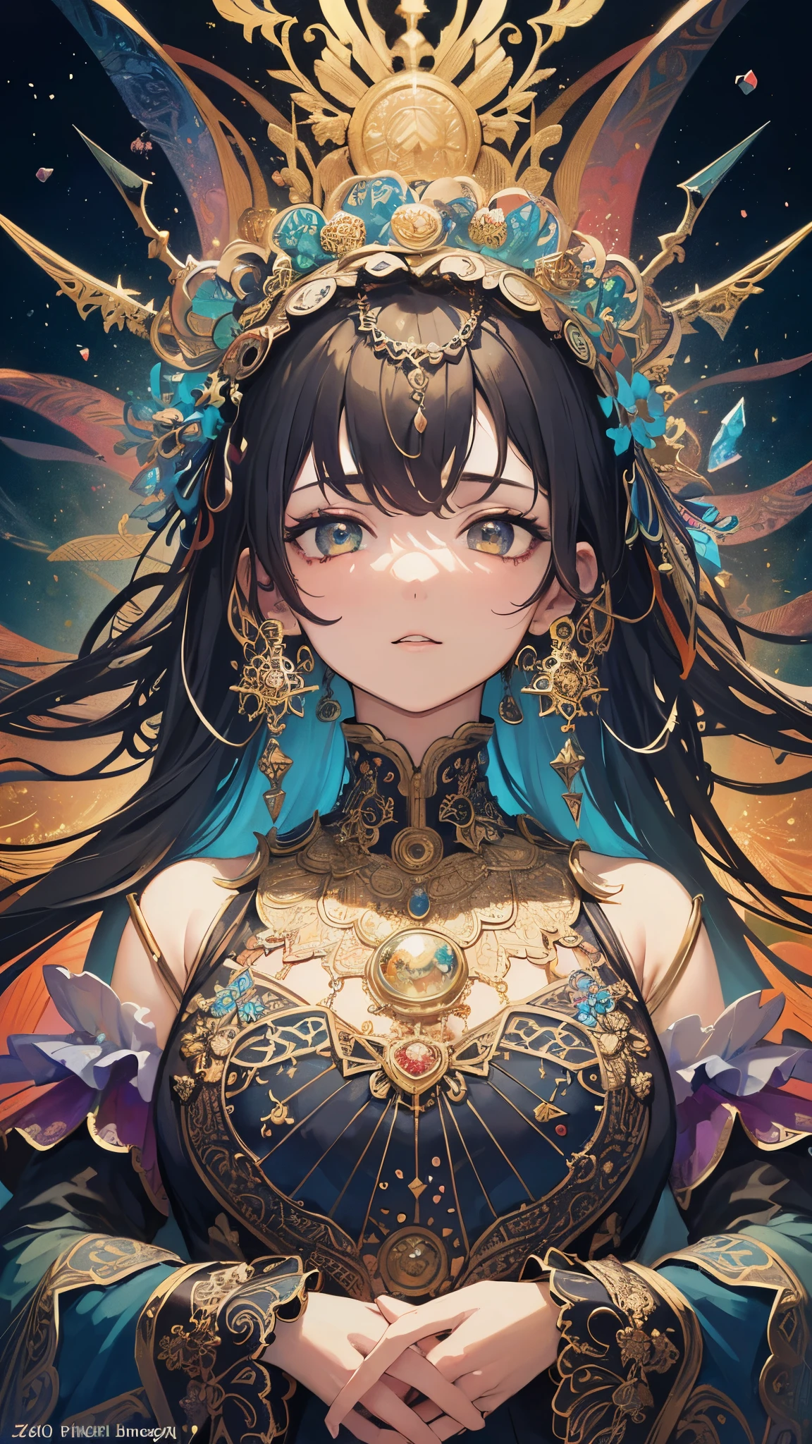 absurdres, RAW photo, extremely delicate and beautiful, masterpiece, Best Quality, ultra high resolution, 32k, hyperrealistic, ultra-detailed, delicate facial features, beautiful detailed woman, tearful mole, earring, medium breasts, full body shot, medium hair, black hair, Dunhuang Apsaras costume, Dunhuang style, 