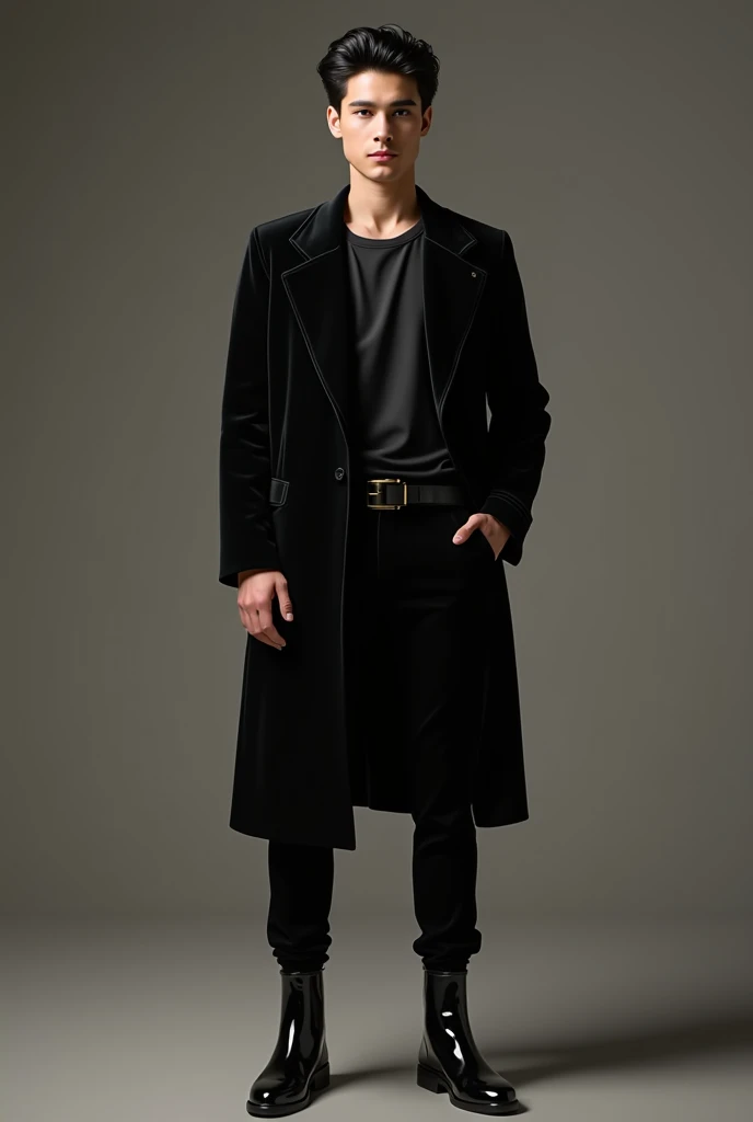 A Pakistan beautiful stylish man 20 years white skin and Black hair and black t shirt and black velvet jacket and black velvet pant and black boots shining latex and standing Man high quality 8k uhd upscale realistic