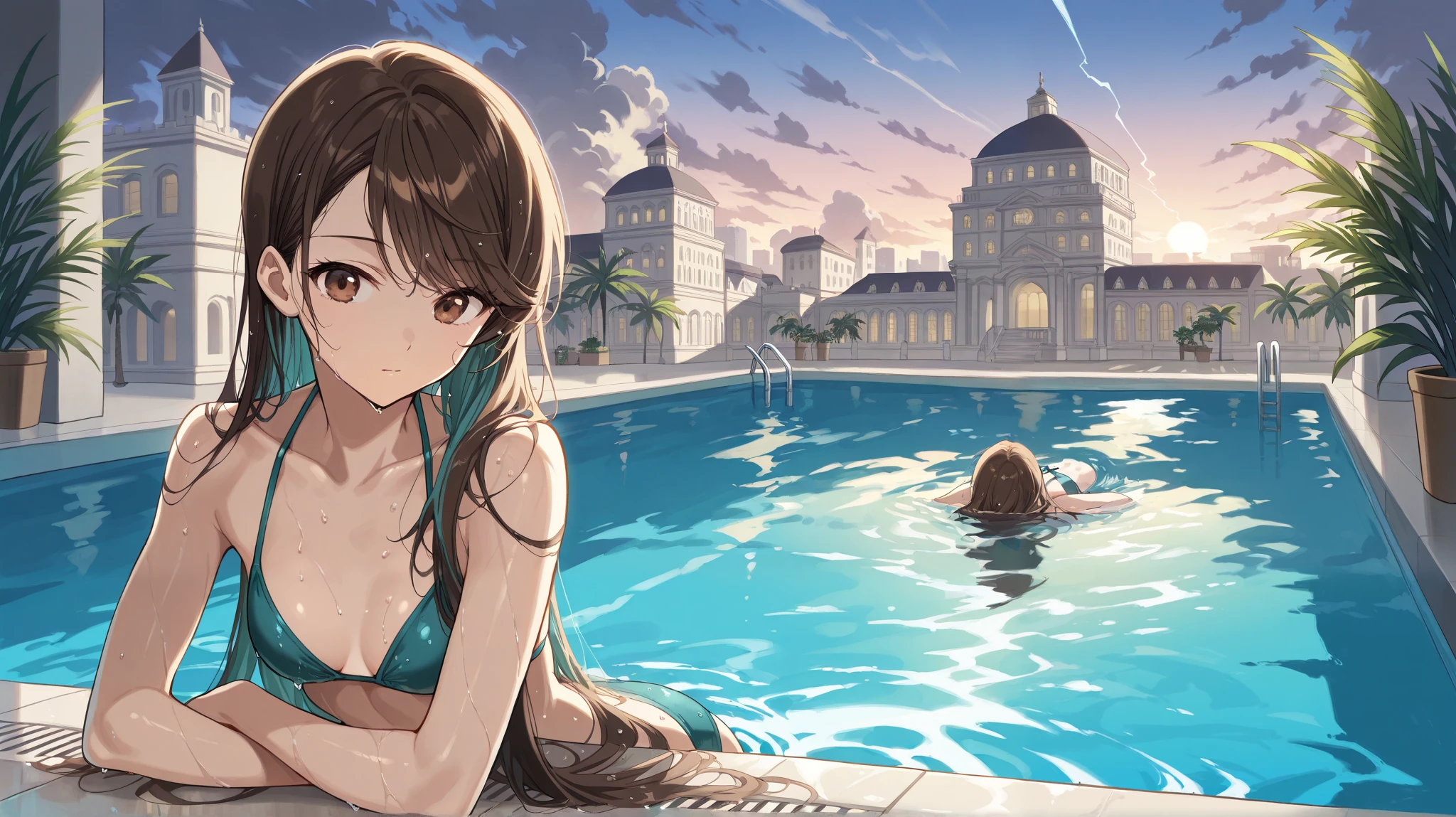 Masterpiece, top quality, super detailed CG, intricate details:1.5), 8k wallpapers, elaborate features,
(1 person, solo:1.4), perfect cartoon illustration, 1 girl, cute face, smiling, naked, her skin wet with hot water, spacious Roman termae, full body illustration, distant view