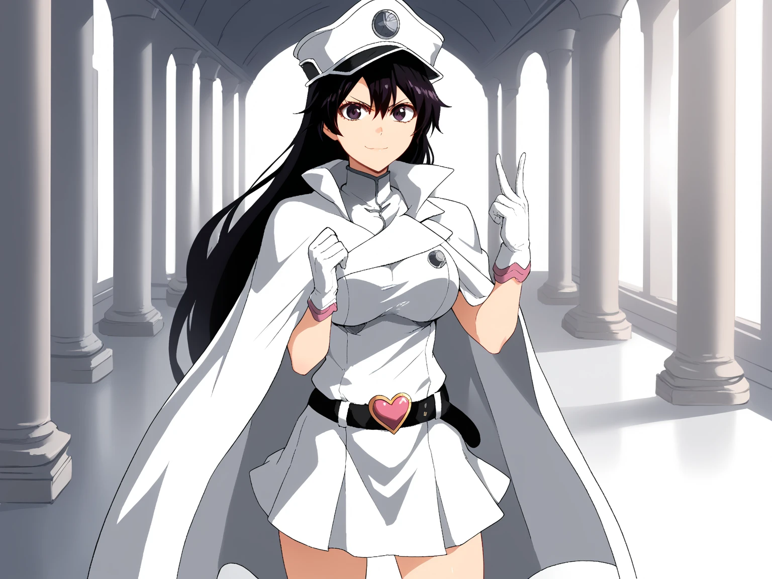 masterpiece,highest quality,High resolution,super detailed,Ashizue,gray eyes,(traces of face:0.8),long hair,cape,white cape,armor,body suit,shirt,white shirt,gloves,belt,skirt,pants,pantyhose,black pantyhose,boots,outdoor,cowboy shot,smile,ready,sword