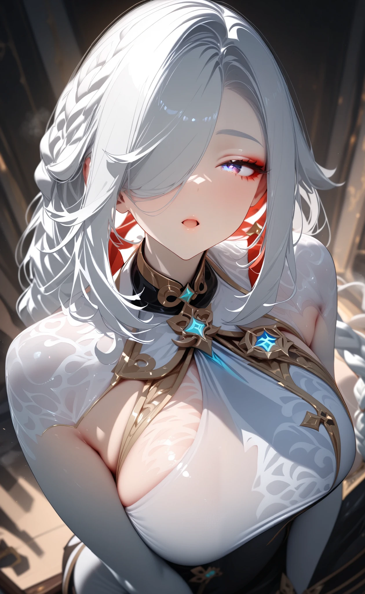 Best quality at best, ultra - detailed, (詳細な目), (详细的脸), 1个Giant Breast Girl, Careful and careful,illustratio, White hair, red eyes, higher detailed, (glowing light eyes), flat grill, The light from the back window is backlighted, (septum:1.4), rayos-Duluth, hight contrast, Colorful,room_The Idolmaster, (pony tails:1.2),(Happy:1.2),looking at viewert,The upper part of the body,(white shirt:1.3),(Small hat with bat wings),(hair pin:1.2)