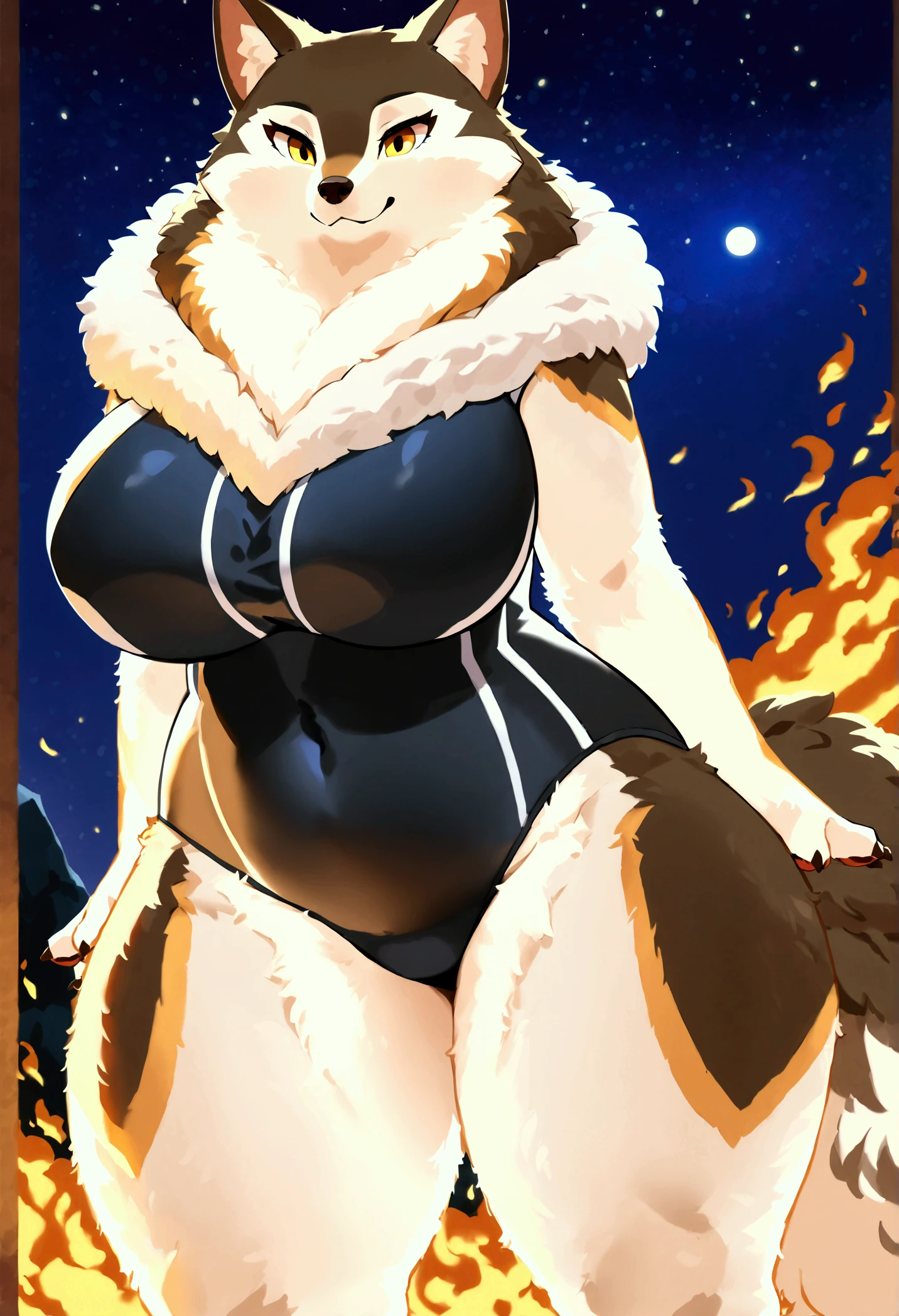 Roxanne Demin kin 1girl, solo, medium breasts, Body position: Standing, straight, symmetrical, barefoot, Lustful smile on face with red blush, fluffy ears, dog ears, blonde hair, bikini armor venus body