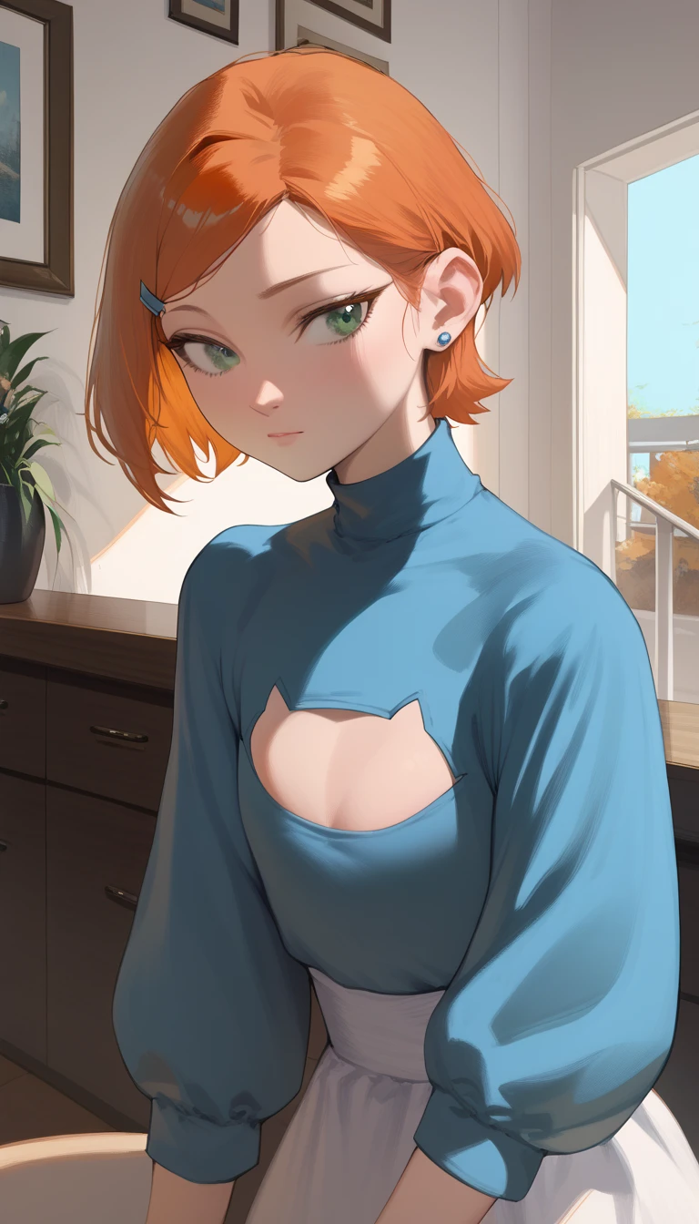 (Masterpiece), Best Quality , ultra-detailed, 1girl (Gwendolyn_Tennyson, breasts, orange hair, short hair, slicked-back hair, red eyes, half-closed eyes), a evil face, wicked smile,  solo, facing viewer, looking at viewer, black latex bodysuits, in the  room, night time,  standing, Sexy waist teasing, a provocative pose,  looking back,  hips pov 