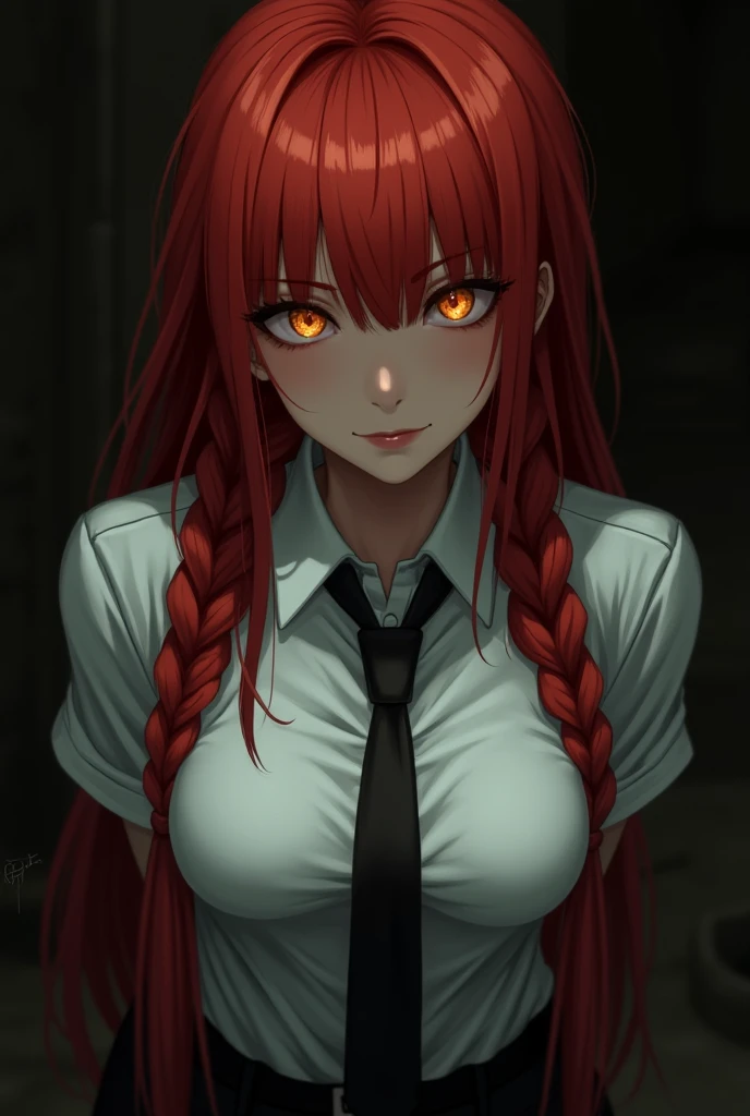 (A girl with red messy mane hair, pale skin, red eyes, and fox ears, wearing a white suit with a blue tie, in a dark closet. She has a half skeleton face with ribs showing, black liquid, and giant breasts. She is in an attack position with eye reflection, cinematic lighting, ray tracing, and depth of field. The image is of the highest quality, 8K resolution, with award-winning digital art, anime coloring, and a masterpiece level of detail.)