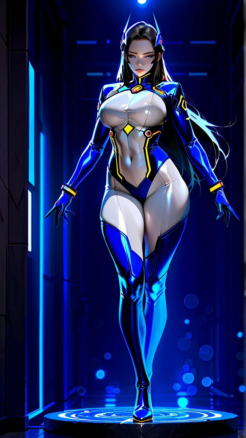 masterpiece, best quality, 1girl, superhero, yellow leotard, bare legs, knee boots, matching boots, heroic, city backdrop, standing, glowing body, body infused with energy, light particles, solo, single, cowboy shot, perfect anatomy, hand on hip, blue hair