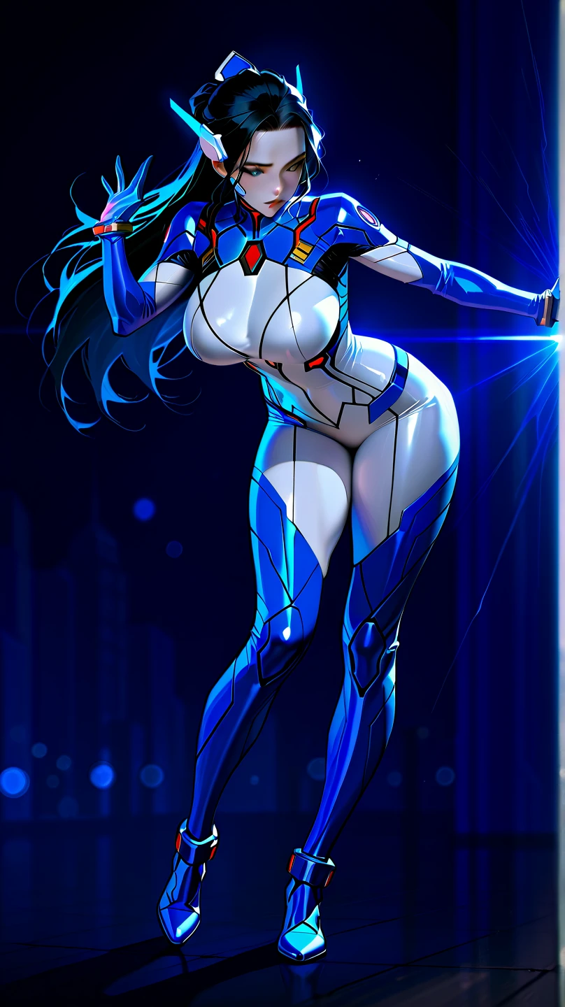 1girl, superhero, leotard, bare legs, boots, matching boots, dark blue hair, dark blue eyes, star symbol on chest, bob hair, medium breasts, light particles, aura, blue aura, stand, standing, space backdrop, magic, hand on hip, beautiful detailed eyes, body infused with blue aura, glowing body