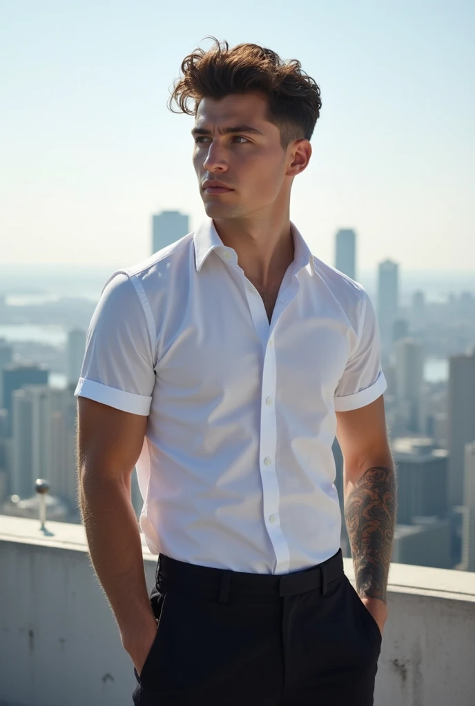 redshift style Shawn Mendes grown into a 1,000 foot tall barefoot shirtless giant wearing white boxer briefs towering over a downtown city