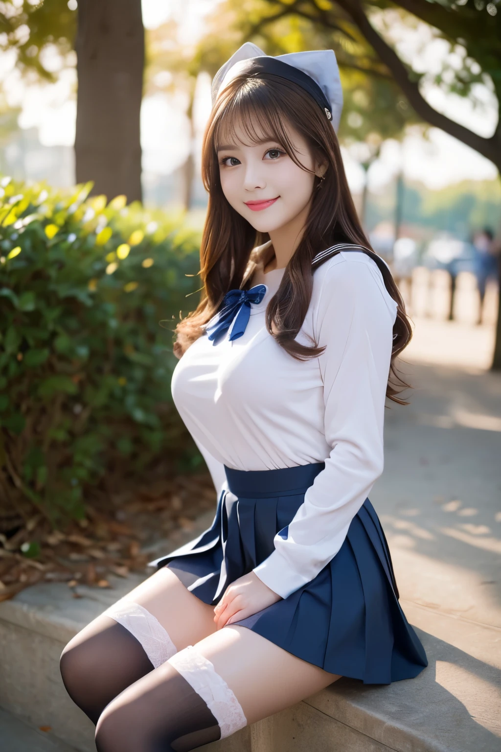 Best quality, full body focus, full body shot, perfect face, soft light, ultra high res, 8k, Masterpiece, , , view the viewer, full body , Front view, (1girl), , Cute face, (blue eys:1.5), (Dark brown Medium hair), beautiful medium breasts, , Beautiful boob, Beautiful finger, Beautiful hands, Beautiful arms, Beautiful feet, Beautiful legs, (high resolution detail of human skin texture) , ((white long sleeves sailor uniform, white pleated skirt, knee-high socks, white with lace trim, white pin high heels)), , Spring Lake Side,, , (( Standing, , smiling, nose blush) , )) , ,score_9, solo, no bra, no panties, ,