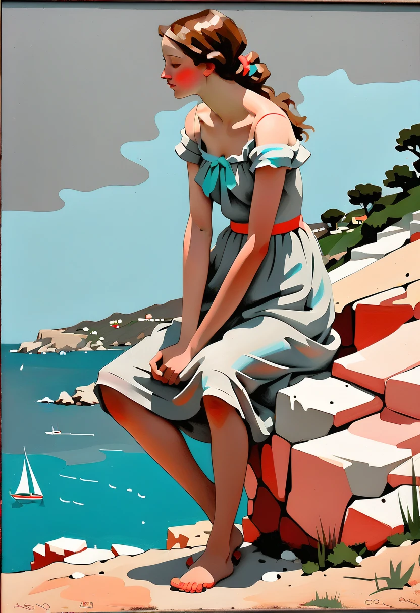 <lora:milomanarastyle_v2:1> masterpiece of traditional media, highly detailed illustration, best hand-drawn quality, 1girl, short hair dark red, mlmnr style, Waterfront Cafés by the Sea