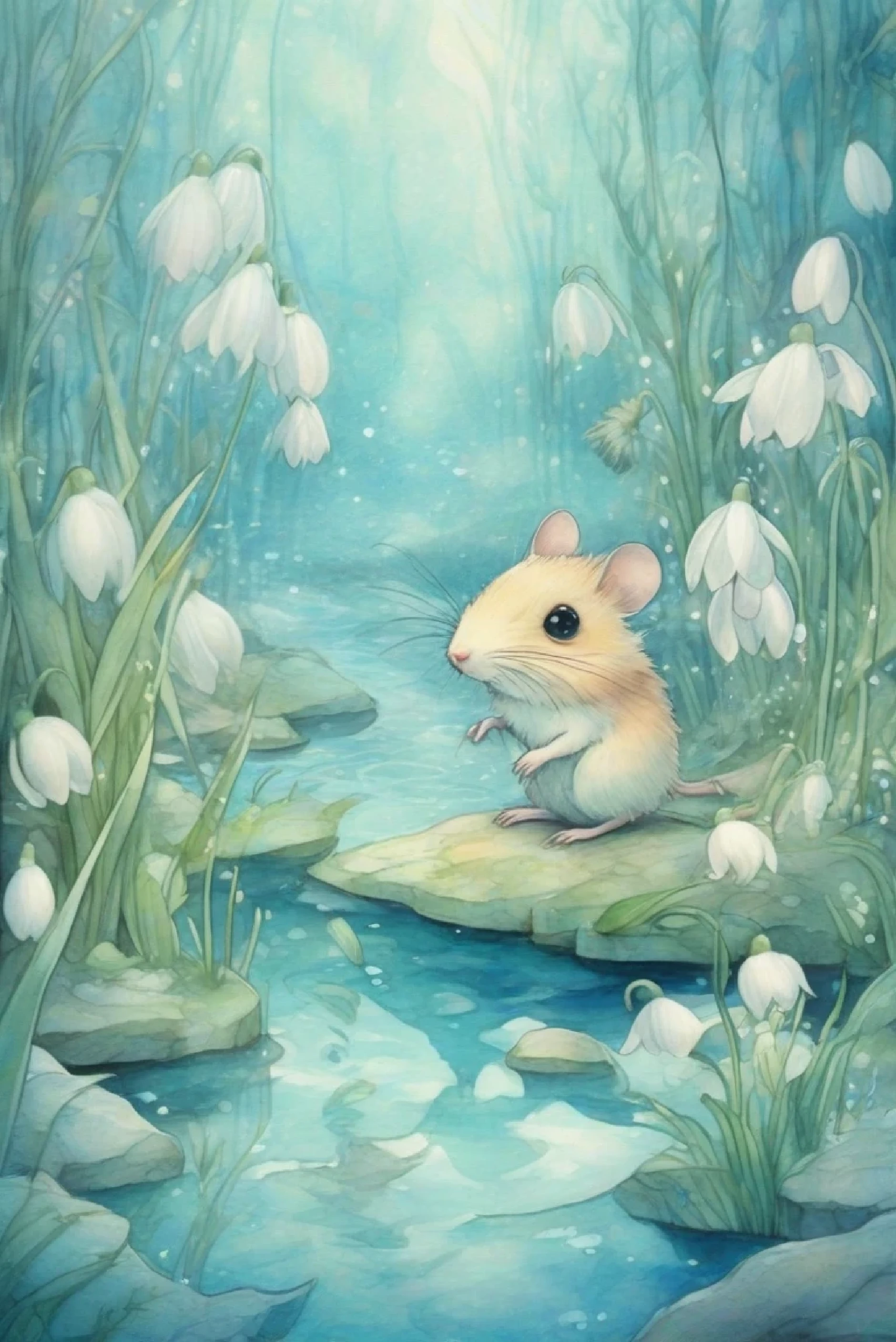 Fairy tale in Wonderland, plush chibi style, super surreal, snow melting season, snowdrops are budding and blooming avoiding snow, one mouse waking up from hibernation with his face close to a snowdrop flower and smelling its scent, beautiful light blue stream banks.
Solar flare, bright pastel colors, watercolor style, undated, 8K resolution, high detail, dream story, beautiful underwater garden, Paul Klee, Jean-Baptiste Monge, Arthur Rackham, Brian Fraud Matt painting, Wren picture book style