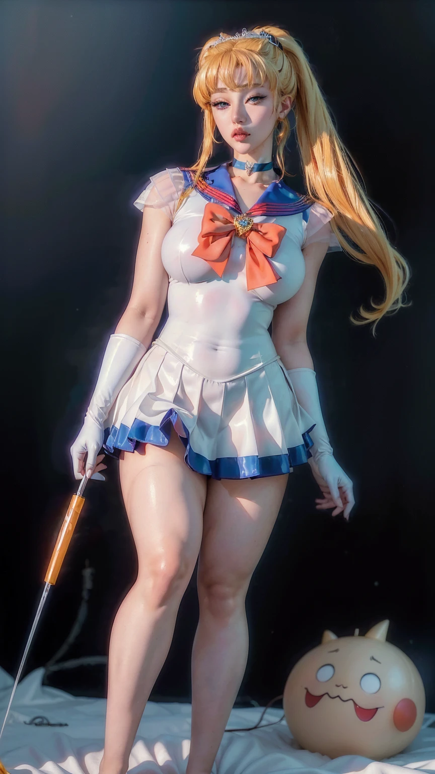((Sailor Moon costume: 10)) from Sailor Moon, Best Quality, Ultra High Resolution, Masterpiece, (Realisticity: 1.6), 16K, (1girl with open belly), (Giant cup: 5), (Blue skirt: 1.3, Blonde hair color: 1.3, White stockings) Full body photo, bent over, behind hands, ridiculous figure, black background