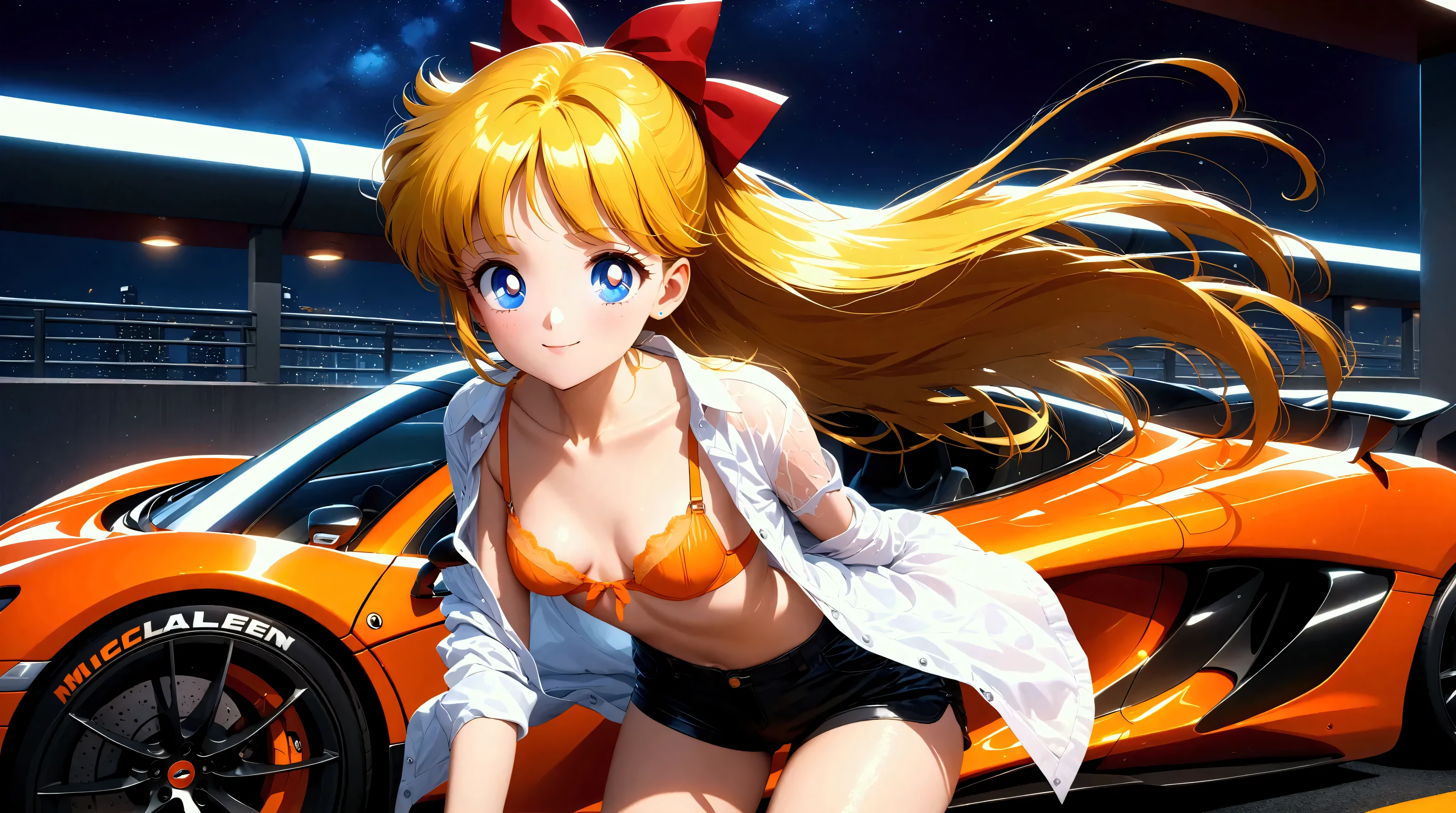 (masterpiece, best quality, very aesthetic , ultra detailed), intriguing details, 4K, aavenus, blue eyes, long hair, blonde hair, hair bow, smile, small breasts, white open shirt, orange bra, black mini shorts, bare legs, cowboy shot, orange car, veichle, McLaren, Best quality, masterpiece, High Definition, detailed background, highway terrace, intricate details, night time, posing with veichle, (ultra sharp, textured skin, beautiful detailed face, dynamic shadow, Super Detailed, extremely detailed face, puffy eyes)
