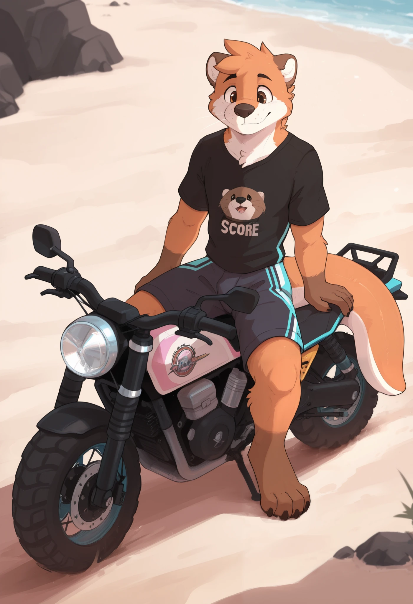 best quality, amazing quality, very aesthetic, absurdres, newest, by pache riggs, male focus, 1boy, solo, BREAK
score_9, furry, anthro, otter, chonky, t-shirt, shorts, sitting on a motorcycle dirtbike, in a beach, microscopic angle
