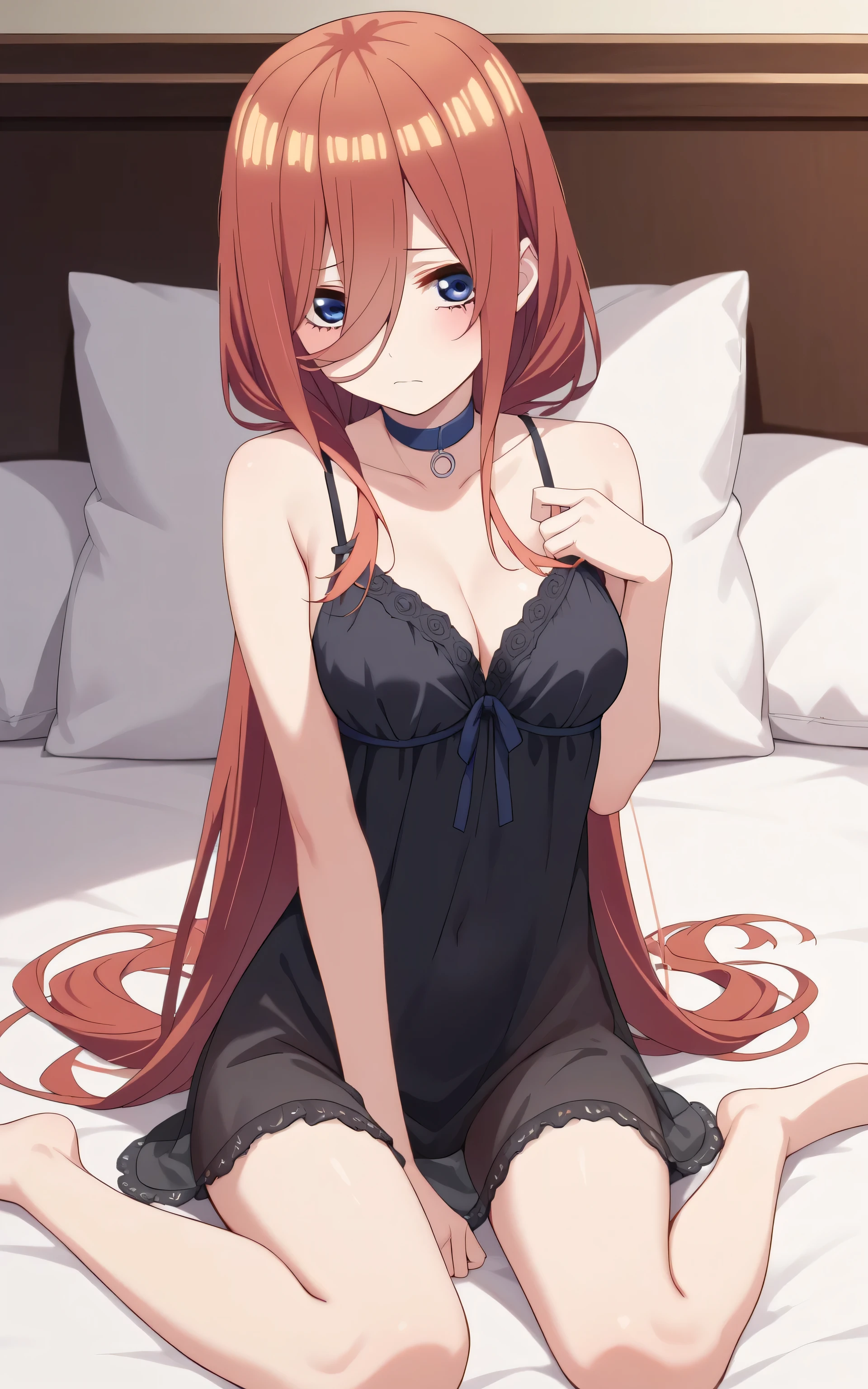, Nakano miku, anime style, Random Sexy pose , ((Ultra detailing)), (very aesthetic, best quality, ultra detailed), intricate details,
1girl, Long hair, blue eyes, sharp jawline, long hair, shy, medium breast, wearing Wearing Black negligee, choker) Lay down on bed, ((Background : Bed room, Pillow)