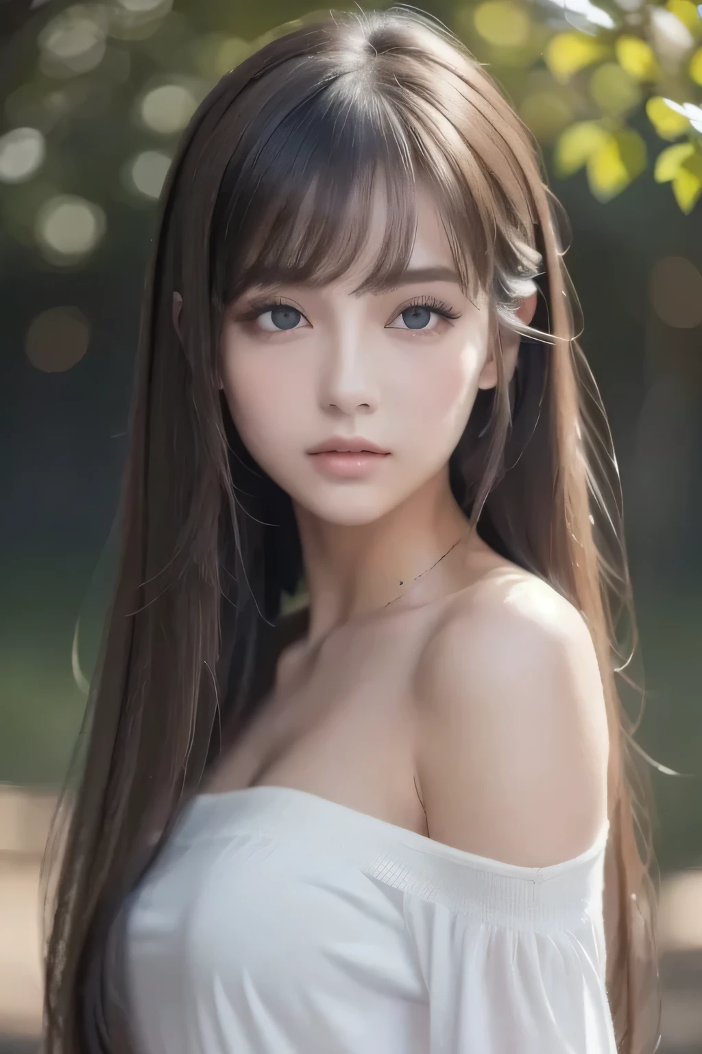 1girl in, ***19, Solo, Super long straight hair, Colossal , Looking at Viewer, ((shiny light dark hair))、Messy bangs between beautiful eyes、de pele branca、Beautiful skin、glowy skin、Gloss Face、Teak Gloss、Bare shoulders, jewely, Full body, (Very detailed 8k wallpaper), Soft lighting, high detailing, Sharp Focus,(Natural light), (gros-plan:1.2), (Seductive), off shoulder t-shirt, Realistic, A sexy、beautiful big white and black eyes、eye liner、