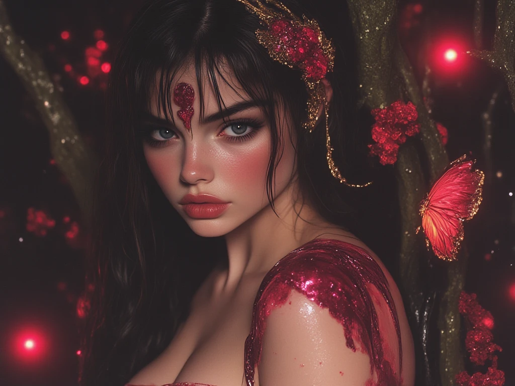 A beautiful 20-year-old woman with JET BLACK HAIR, long bow, fringe and gray eyes., looking at the spectator. Innocent or soft face . In an enchanted place, with crystal clear water, red and shiny , shiny skin. Red butterflies around her and a tree behind her, magic, and she leaning on it . Her curvy body and large breasts . She wears a red neckline with sparkles, with a gold tiara surrounding her hair with red details on her forehead. His hands on his hip. At night and a red light shining . Her hair and body look wet