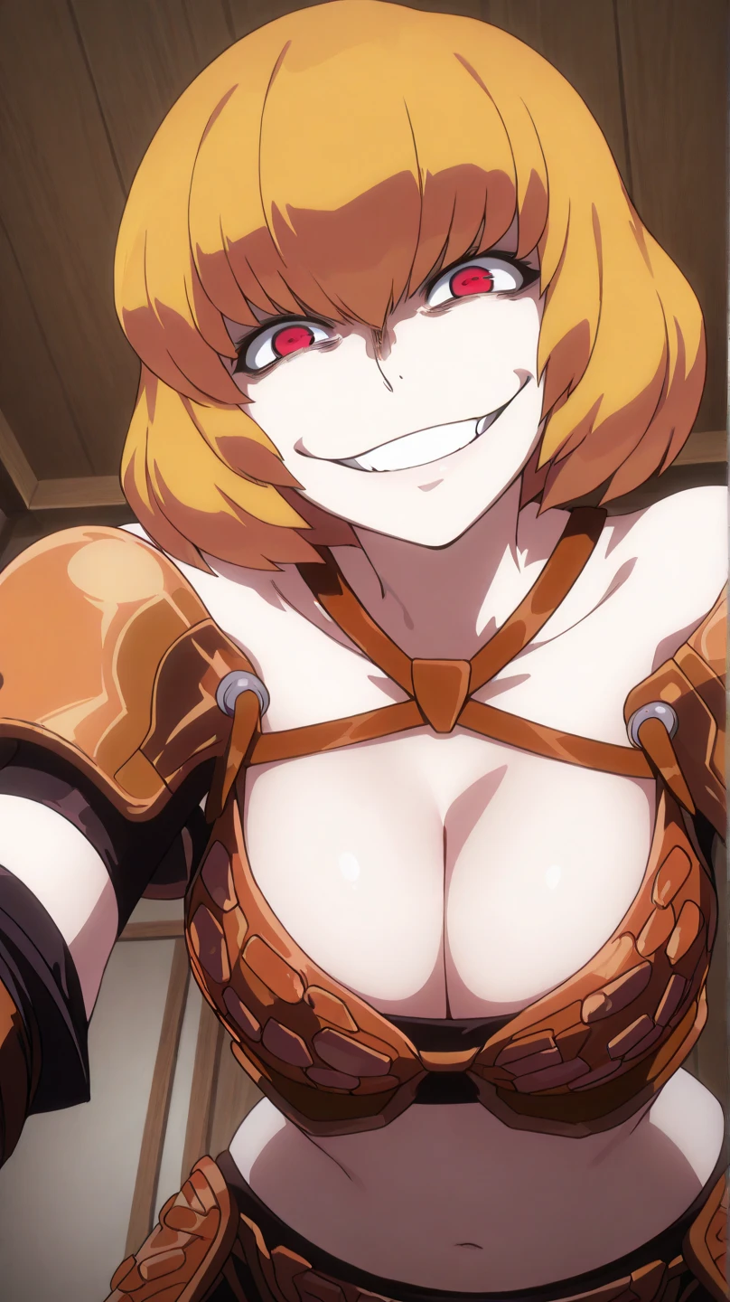 score_9, score_8_up, score_7_up, source_anime, anime screencap, 1girl, solo, clementinr, yellow_eyes, orange_hair, short_hair, large_breasts, armor, breastplate, gauntlets, armored_dress, sleeveless, arms up, raised arms, armpits, looking at viewer, smile, closed mouth, indoors, from above, badhandv4, sweaty armpits