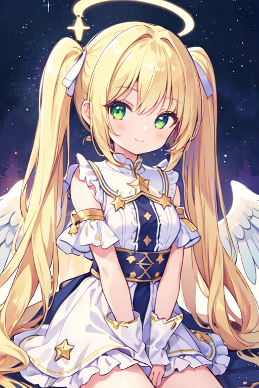 (angel girl:1.2), (1 person:1.2),(10 year old girl)、young girl、big breasts、 nffsw、shader、highly detailed eyes、Loose and fluffy long hair、side boob、Glossy cleavage、blonde、angel wings、silky hair、Angel attire(White thin fabric、Plain color、mini skirt、Plain colorのシルク手袋)、super complex pupil of the eye、highest quality、bright colors、Bust 100、rests、Standing picture of the game、Stirring composition、Composition looking up from below、Lift your with your hands、Pose that emphasizes the chest、fold your arms、grinning expression、eyes half closed、open your mouth、stinky eyes、evil face、Bullish smile、fold your hands behind your back、Hide your hands、evil smile、whole body、美新New、god々New