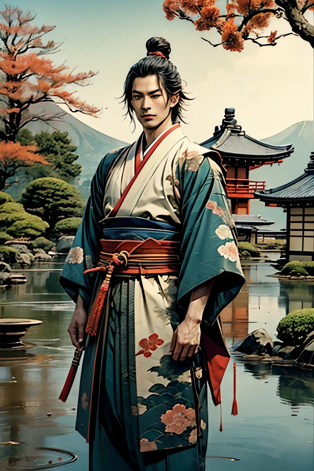 top quality、Very detailed、 Asuka period nobility、 he's Japanese、 he's smart、He's a competent bureaucrat、He is dressed in traditional Japanese、Japanese garden with a vermilion palace in the background