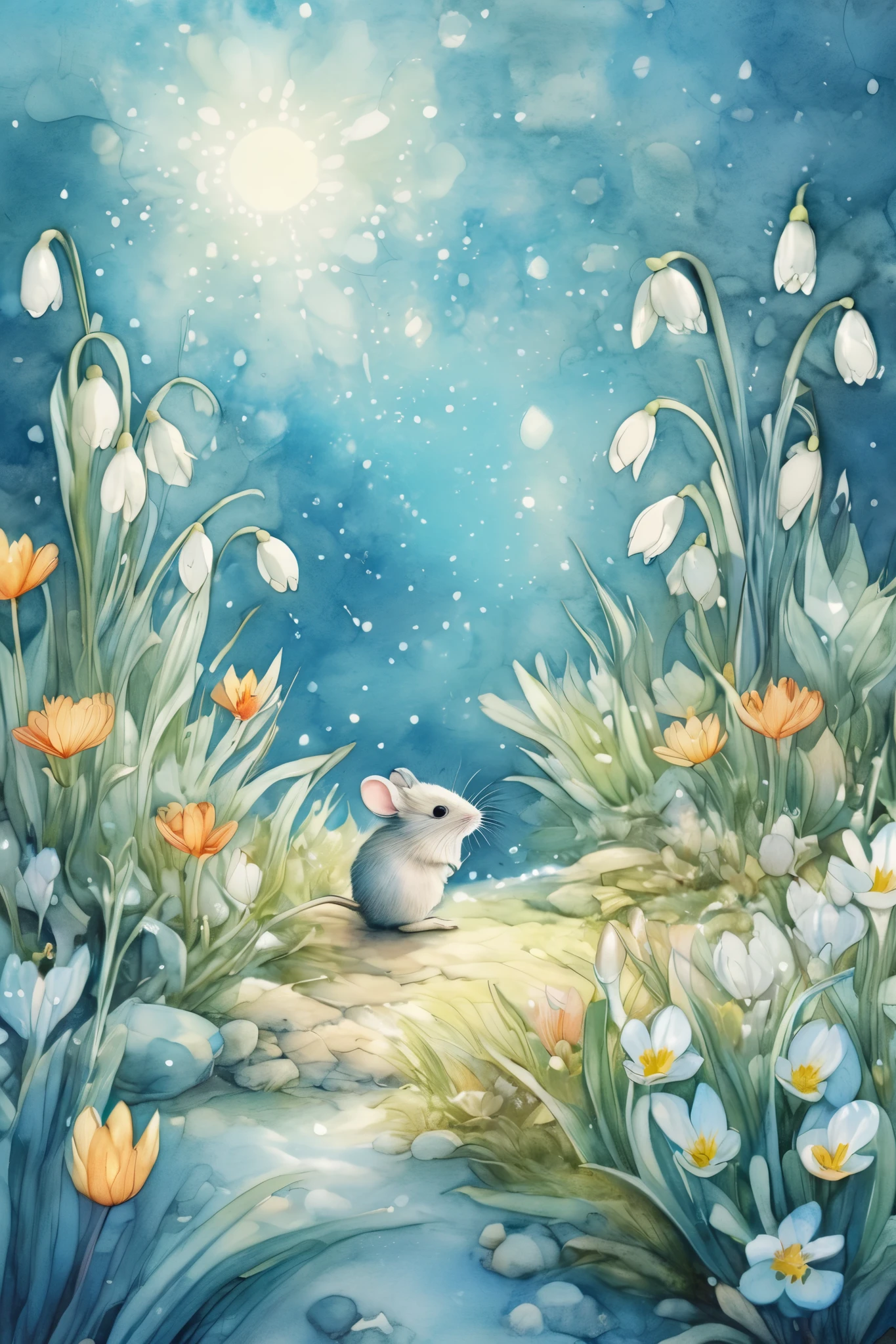 A fairy tale in Wonderland, plush chibi style, super surreal, sparkling snow melting season, snowdrops budding and blooming avoiding the snow, one mouse waking from hibernation with his face close to a snowdrop flower to smell it, beautiful light blue snow melt, Welcoming an exciting spring.
Solar flare, bright pastel colors, watercolor style, undated, 8K resolution, high detail, dream story, beautiful underwater garden, Paul Klee, Jean-Baptiste Monge, Arthur Rackham, Brian Fraud Matt painting, Wren picture book style