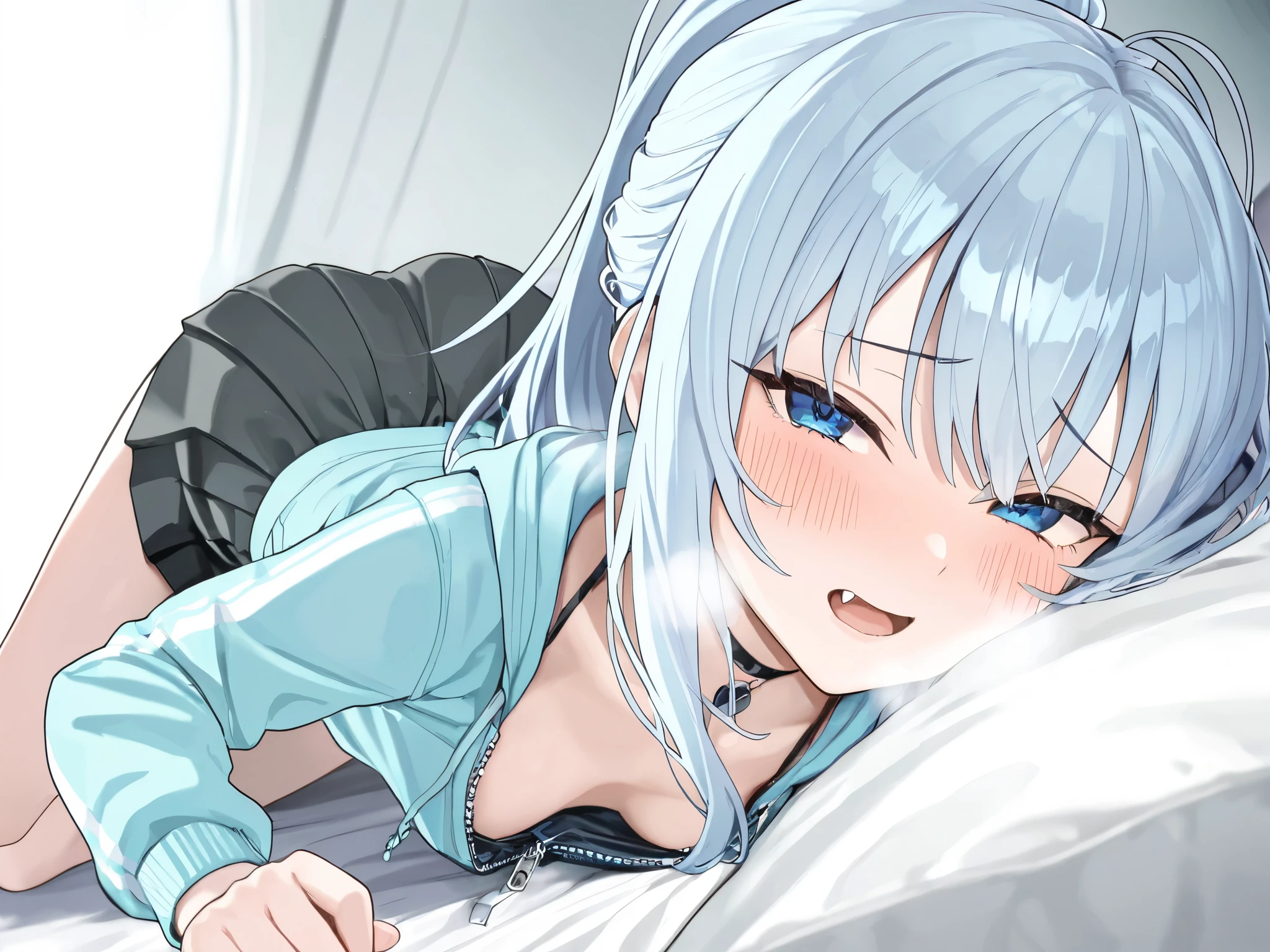  1 adult female, blue eyes,light blue long hair, ponytail,Choker,small_breasts,blush,fang,zipped hoodie,unzipped hoodie, black skirt , short skirt, bed,lying,heavy breathing,aroused face,top-down bottom-up