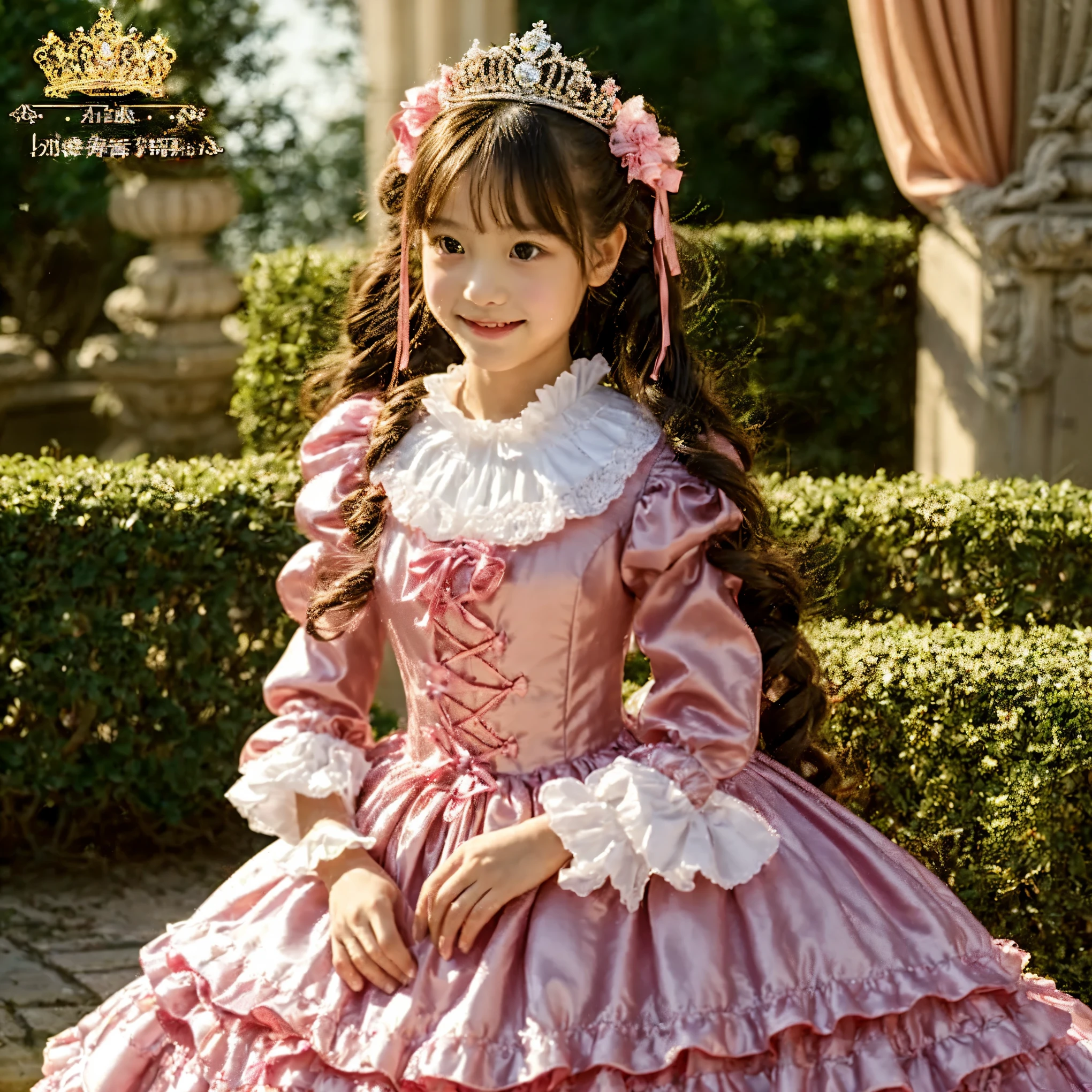 ,highest quality, masterpiece, highest resolution, artwork, super それにget used to it, many get used to it, get used to it, それにget used to it, 3K realistic photos,,((10 year old s)),Super detailed baby face,both are princesses,detailed luxury tiara,Full length ball gown dress with hoop skirt,ruffle yoke collar,Detailed braided ribbon at chest,puff sleeves,long sleeve,((lolita stylt pink princess satin dress、Comes with lots of frills and ribbons。)),crazy'colorful fashion,shiny silk satin dress,soft and smooth silk satin fabric,luxury,Very long blonde hair,blue eyes,white skin european,pajamas,((inside the palace)),Princess dancing happily,gorgeous flowing dress,fine white frills and lace,Super long hair that is as tall as your body,white long socks,drawers with lots of frills,castle bedroom at night,Super long flowing hair,on the bed,Luxurious canopy on the bed,Huge, spacious bed,Pink pillow with lots of frills,Silk satin pink curtains with luxurious ruffles and ribbons surround the bed,princess sitting on bed,Pillows piled up behind the princess,Long hair scattered like a fan on the bed,(((Both legs are completely hidden inside the dress))),((((round futon)))),((((A large futon with frills that covers the entire bed)))),detailed comforter,Detailed bed sheets,