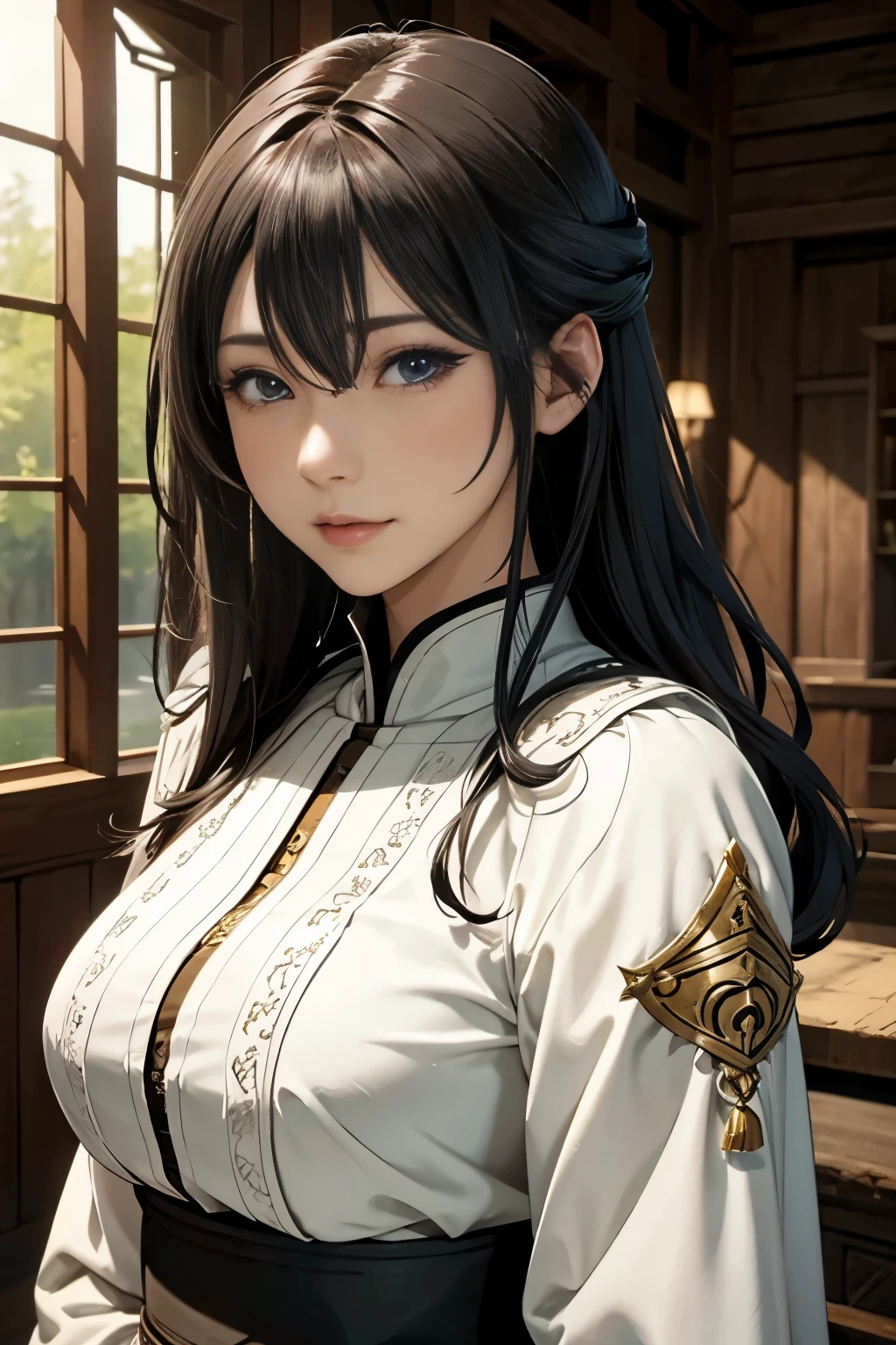 Anime girl with long black hair and blue eyes in a room - SeaArt AI
