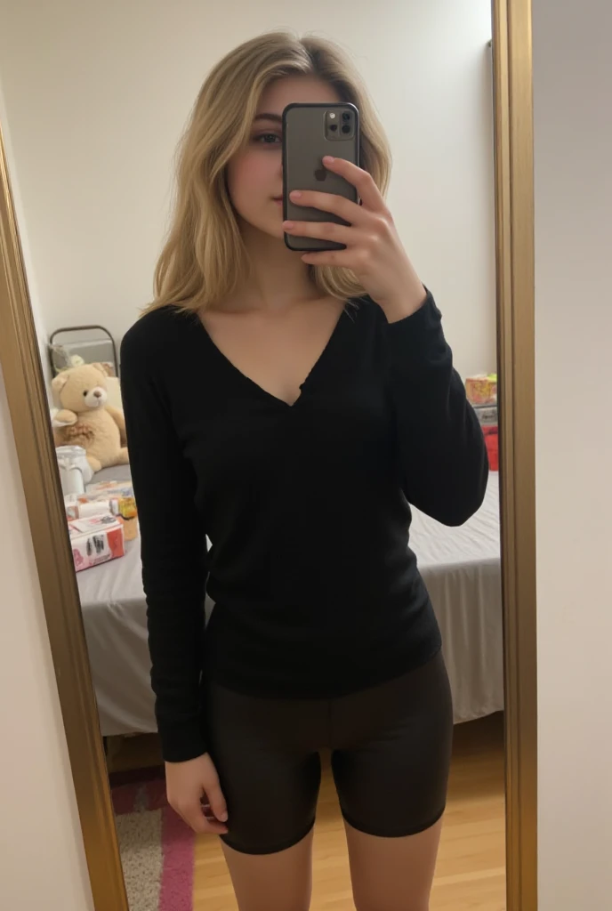 Girl taking a selfie with her body sideways, wearing a cold-weather blouse