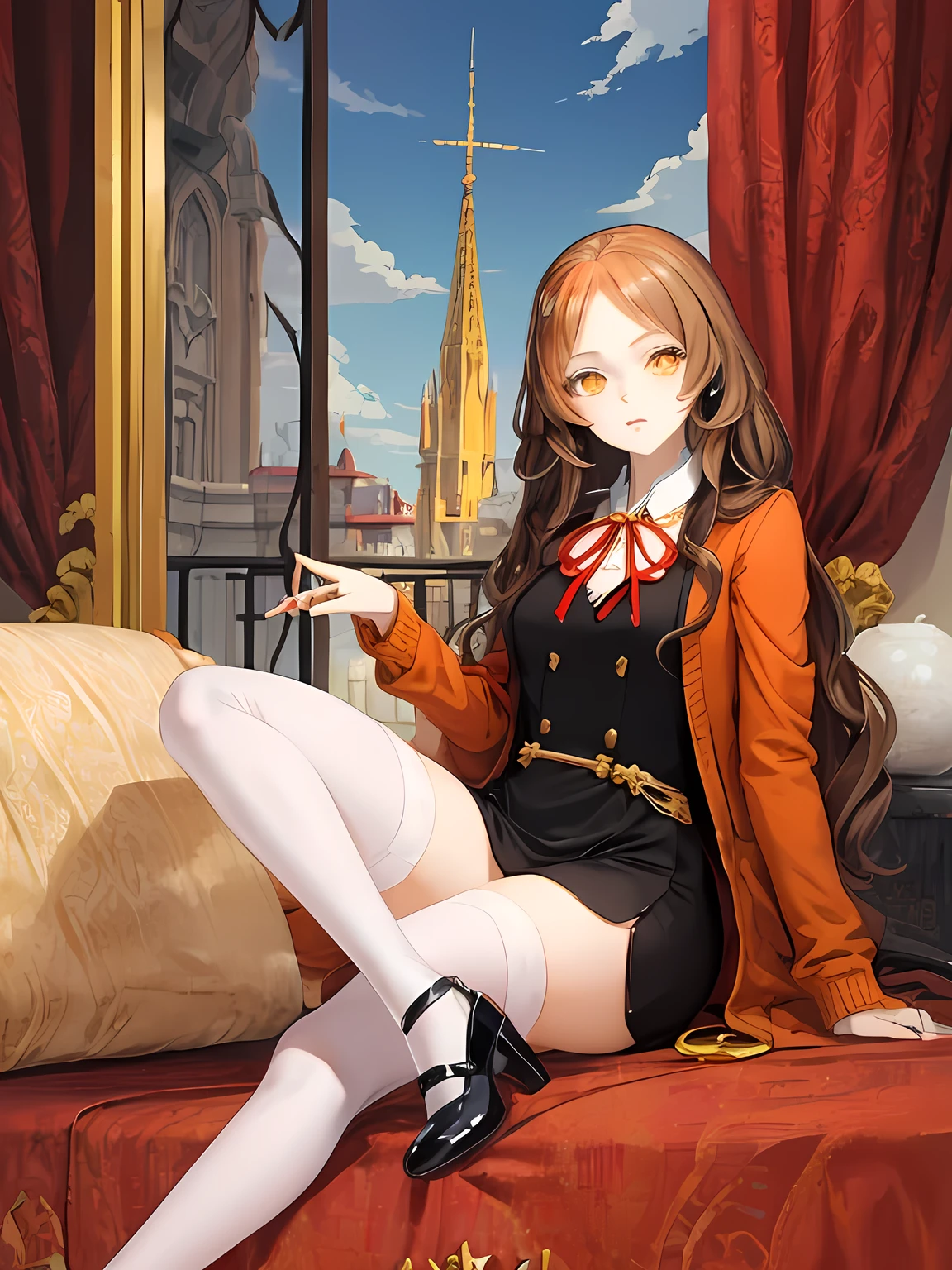masterpiece, best quality, Anime Arcane Gardens of the Great White Empire - Maiden, white skin, gold-orange eyes, red pupils , long lush hair, light brown hair, red short cardigan, royal dress, red and gold dress, orange ribbons, red brooch, white tights, gold shoes, ruby ring, tower balcony, intermittent clouds