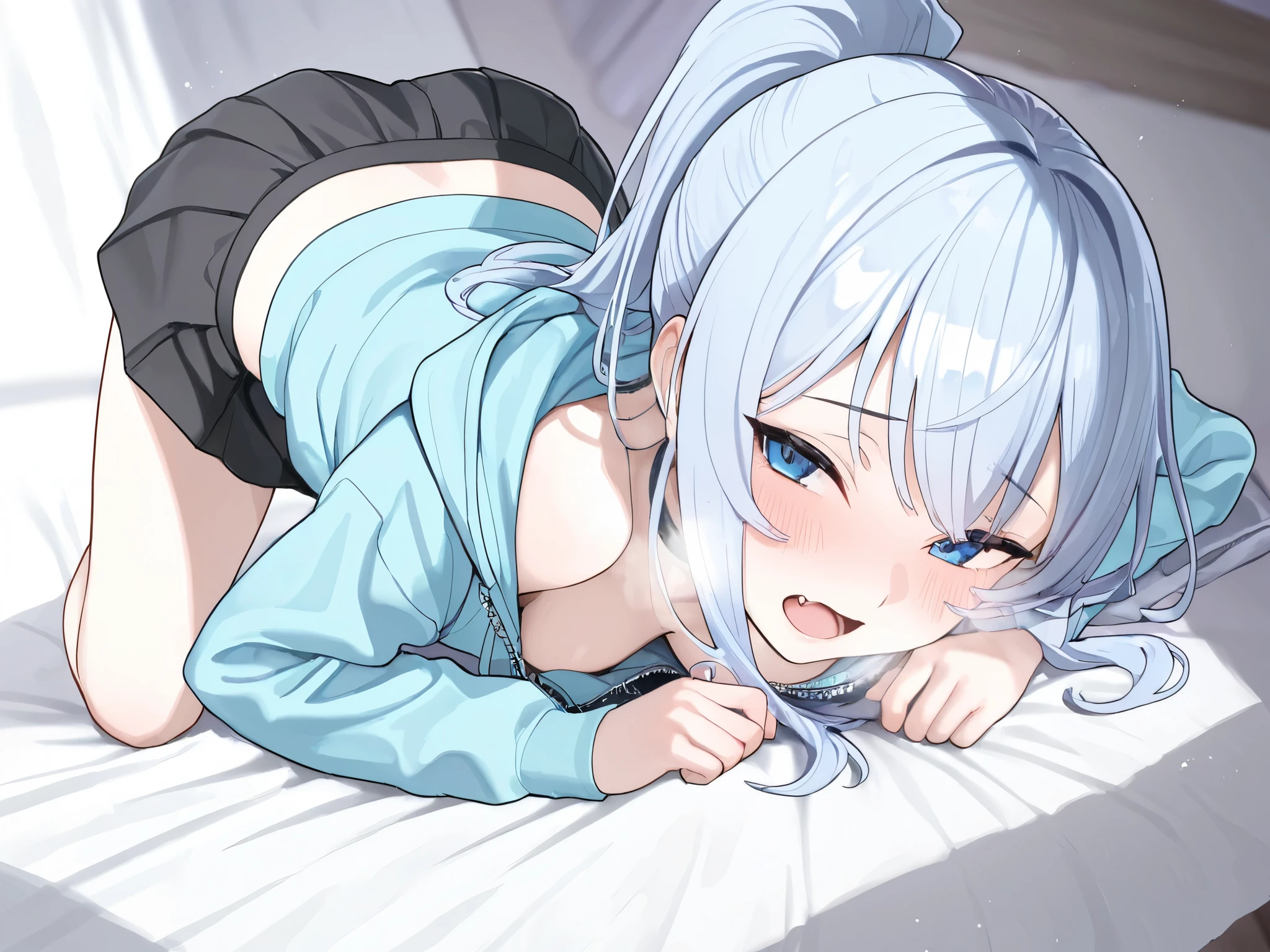 masterpiece, best quality, 1girl, sigewinne, genshin impact, loli, blue hair, white nurse hat, melusine horn, cute, from behind, hair draped forward, bed, blush, ass, back, bare back, bare shoulders, completely nude, indoors, laying down on bed, pillow, shiny skin, oil, oily, oiled back, semen, semen on back, close up