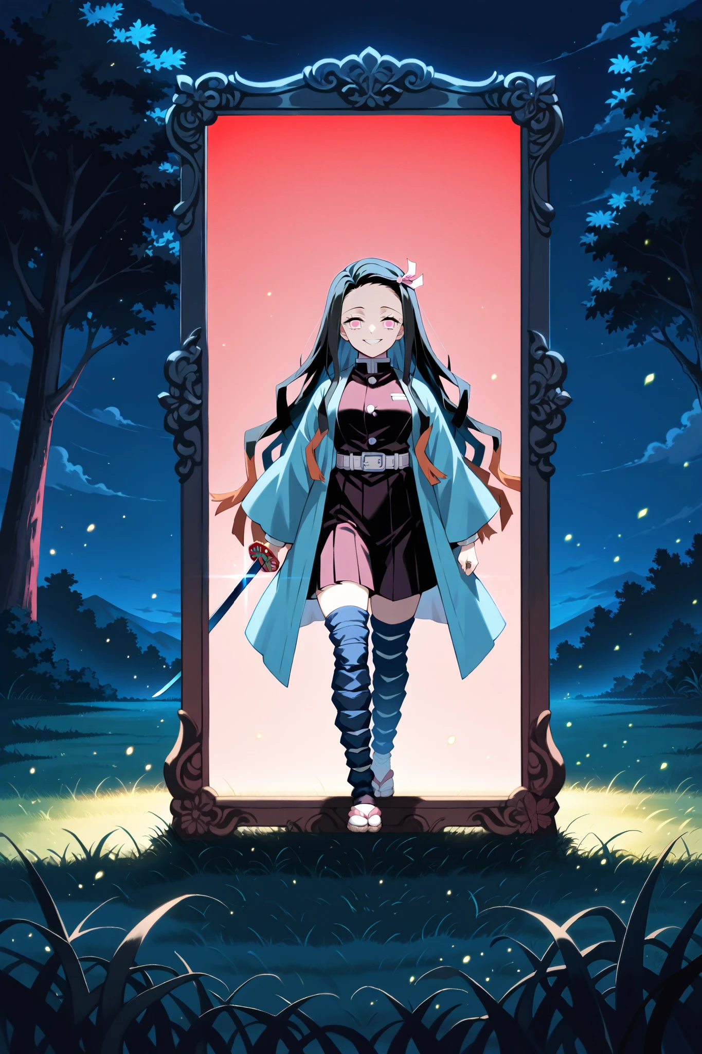 1girl, solo, Nezuko Kamado, kimetsu no yaiba, human, demon slayer uniform, blue haori, blue stockings, evil side, hunter smile, blue katana, stands in front of a full-length red mirror, an evil reflection, night, grass, a field of green grass,