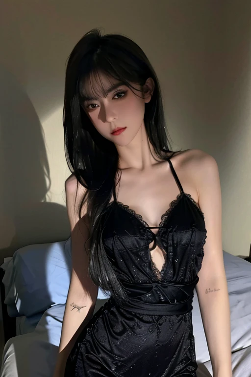 Best quality, masterpiece, ultra high res, (photorealistic:1.4), raw photo, 1girl, ((black lace nightgown)), ((small breast)), cold light