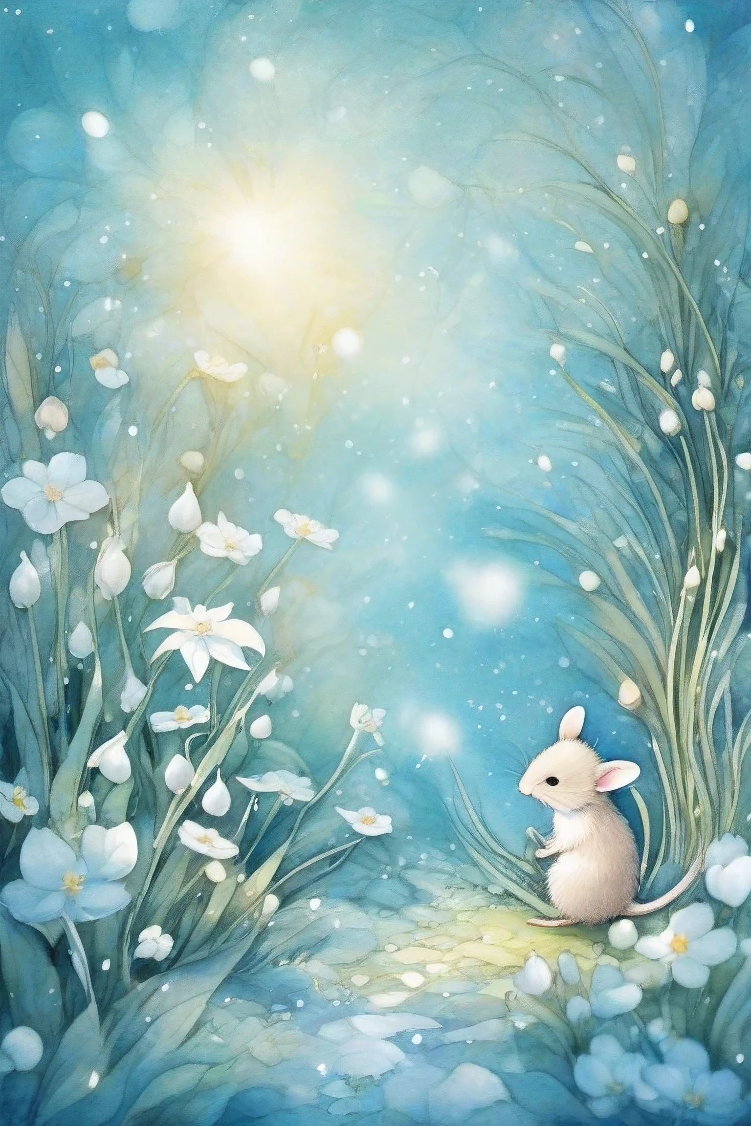 A fairy tale in Wonderland, plush chibi style, super surreal, snow melting glistening in the sunlight, snowdrops sprouting and blooming avoiding the snow, one mouse waking up from hibernation with his face close to a snowdrop flower and smelling it, beautiful light blue snow melt A little mouse waking up from hibernation, Exciting spring is on the way.
Solar flare, bright pastel colors, watercolor style, undated, 8K resolution, high detail, dream story, beautiful underwater garden, Paul Klee, Jean-Baptiste Monge, Arthur Rackham, Brian Fraud Matt painting, Wren picture book style