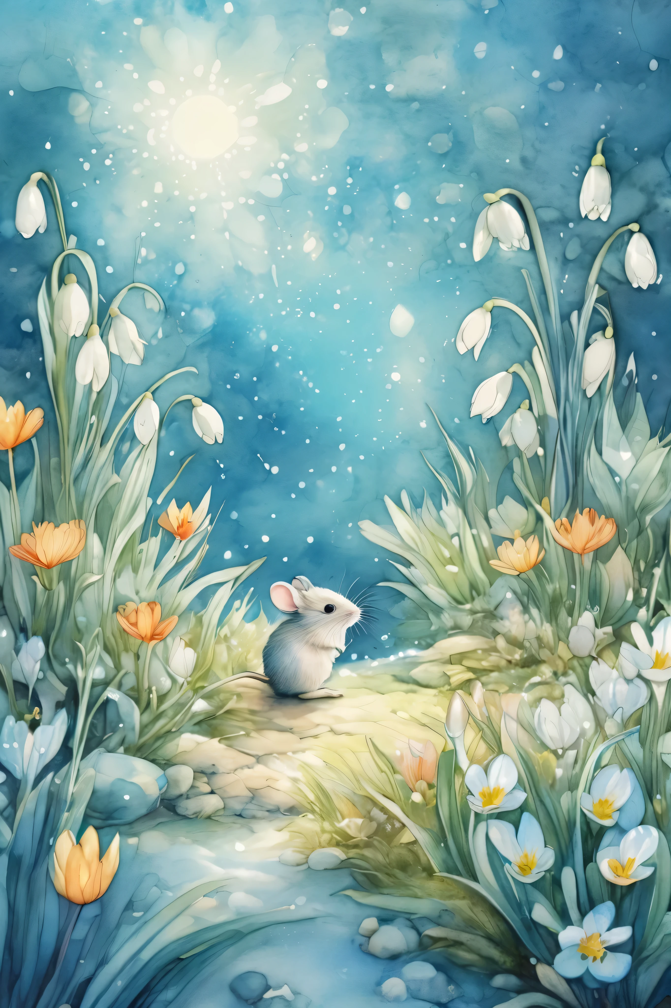 A fairy tale in Wonderland, plush chibi style, super surreal, sparkling snow melting season, snowdrops budding and blooming avoiding the snow, one mouse waking from hibernation with his face close to a snowdrop flower to smell it, beautiful light blue snow melt, Welcoming an exciting spring.
Solar flare, bright pastel colors, watercolor style, undated, 8K resolution, high detail, dream story, beautiful underwater garden, Paul Klee, Jean-Baptiste Monge, Arthur Rackham, Brian Fraud Matt painting, Wren picture book style