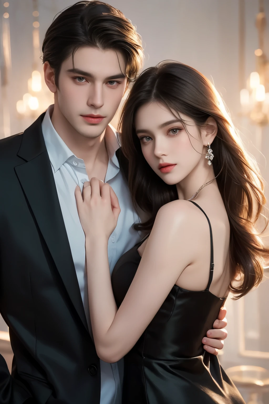 Modern. Casual. Russian couple. Handsome man and beautiful girl. Taller man. look at each other, Dark hair color. Neat hair, dress neatly. Very detailed face. pretty eyes (perfect eyes). 8K resolution. Masterpiece. Fair skin. Look at the viewer. Pastel color, blurry background. Sweet atmosphere.