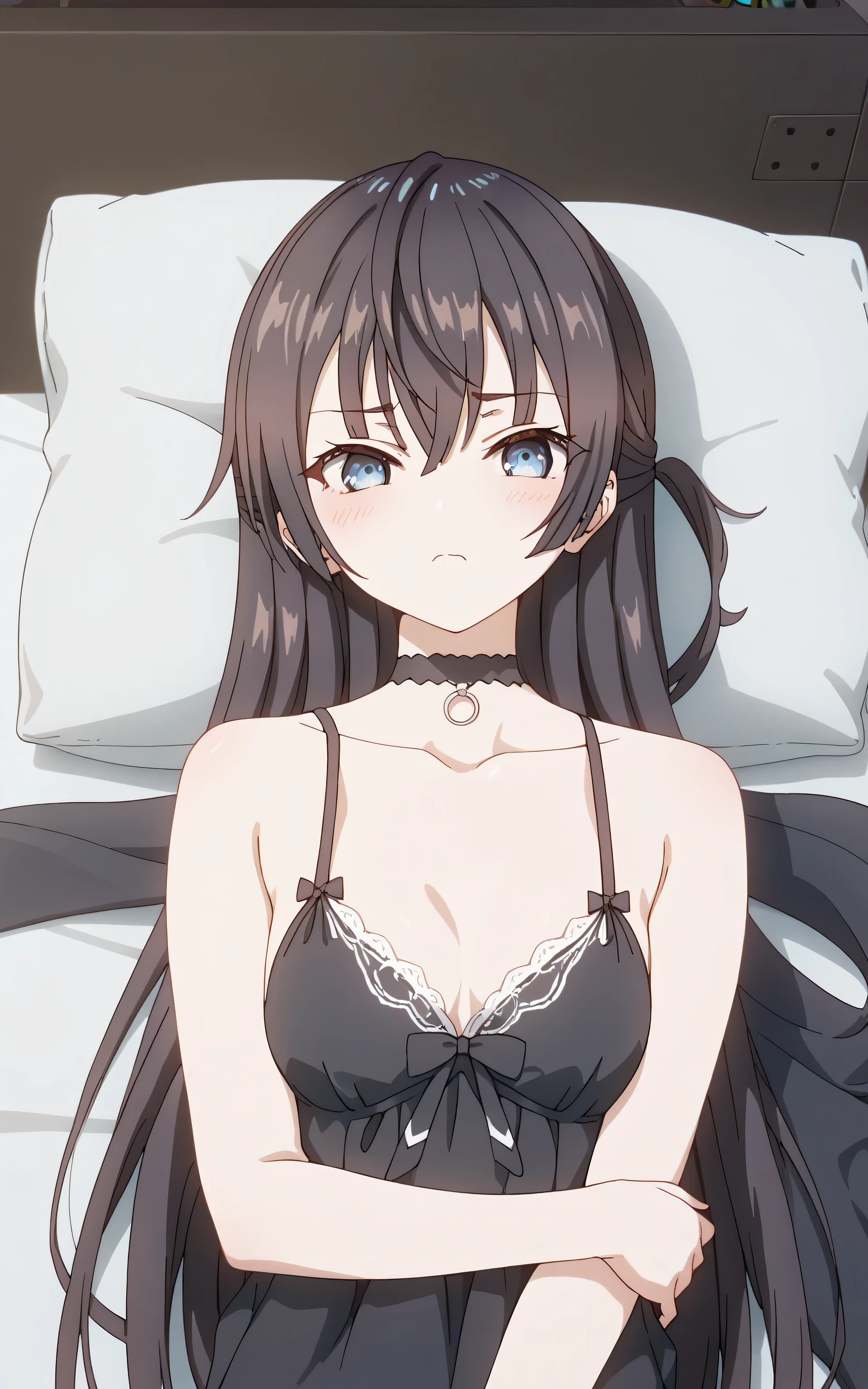 ((mejor calidad)), ((Obra maestra)), (detallado), cara perfecta, Joven de cabello negro largo y lacio, ojos rojos, pale skin, asian factions, 19 years, esbelta, busto mediano, bonitas curvas, en ropa para dormir, estilo anime, elegante, only character in the image