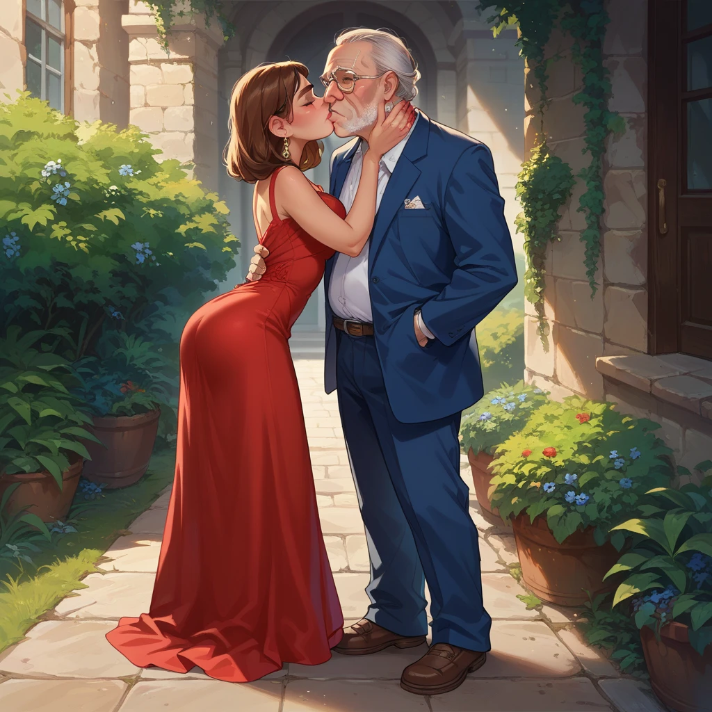 Elderly man lifting the dress of a beautiful girl, standing. erotic scene