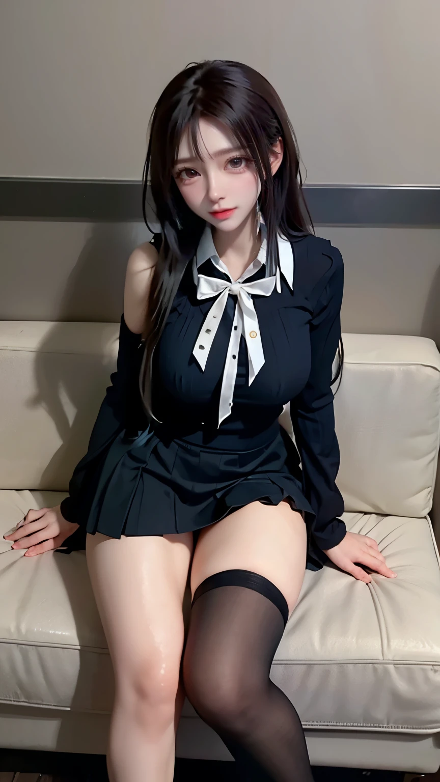 Black silk, sexy, young woman, uniform, big breasts, hip skirt, sheer shirt, cleavage