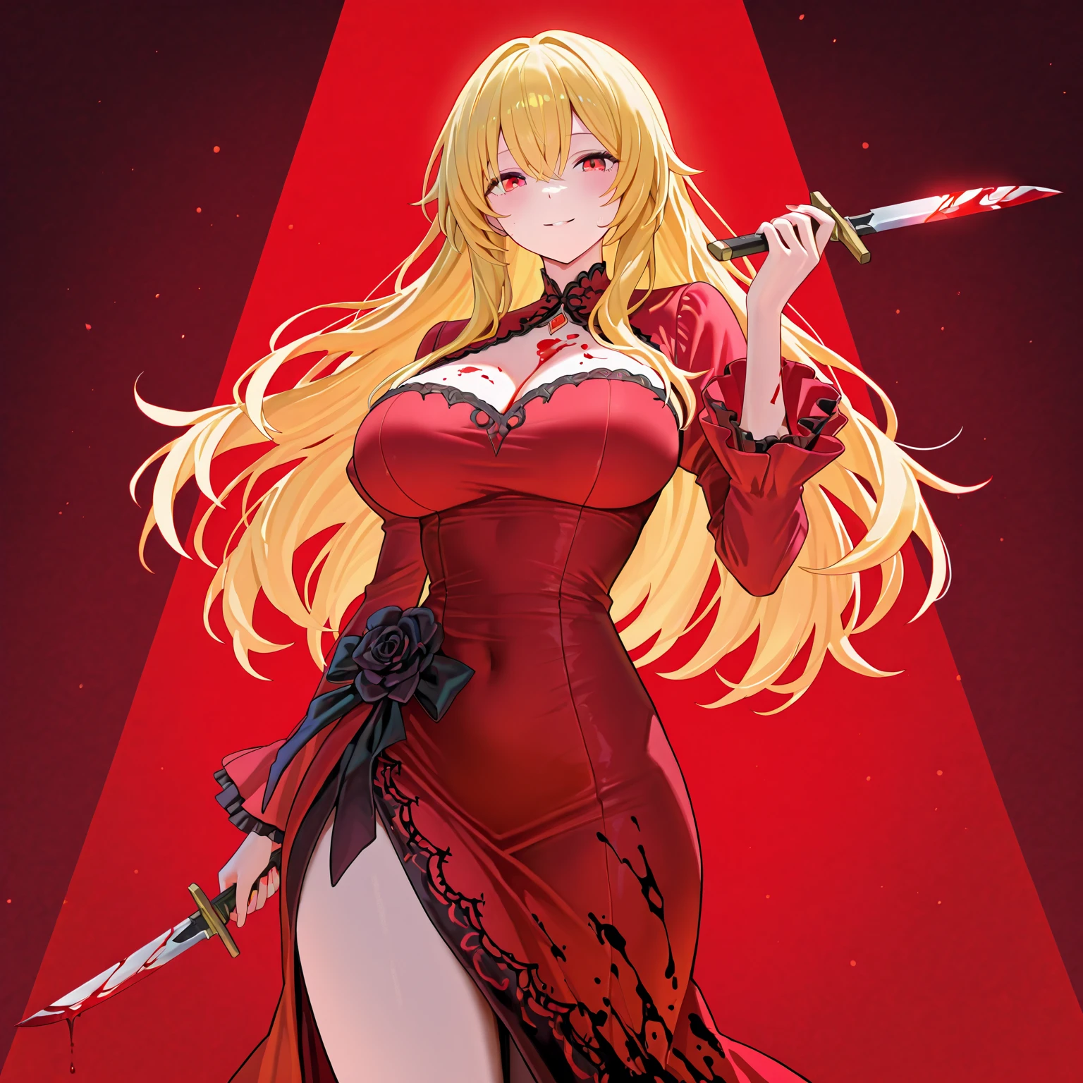 (masterpiece, best quality:1.2), solo, 1girl, kiss-shot, smile, looking at viewer, holding, katanaonehand, katana, red dress, white gloves, elbow gloves, bare shoulders, cleavage
