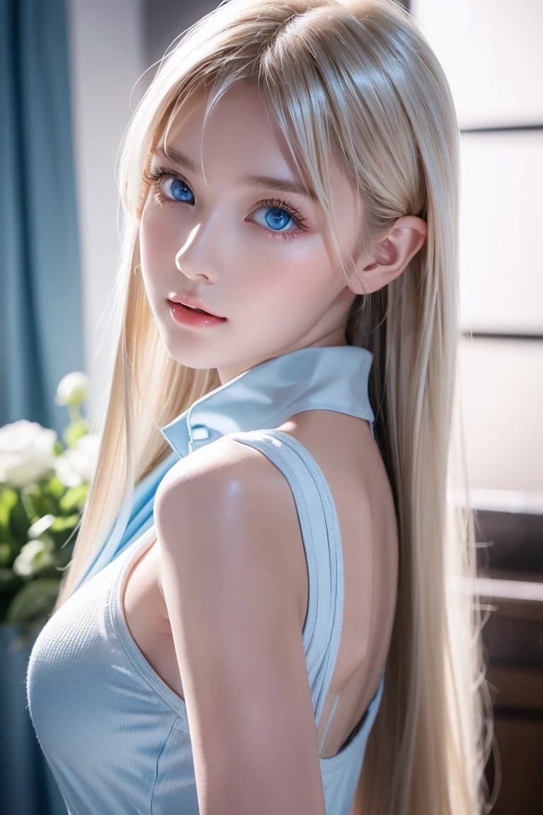 Bloody Hair, medium sized breasts((Portrait of extreme beauty))), upper body, (((shiny, shiny Haut)), one, 18 year old pretty girl, (shinys helles Platinblond)), [bright light blue eyes, that shine in high resolution], Silky fine hair, Smooth, super long hair, eyeliner,Flattering Hair, smile, ((​masterpiece, top quality, super detailed, Movie Light, Intricate detailing, high resolution, 8K, muito detalhado)), detailed background, 8K UHD, dslr, soft lighting, good quality, film grain, Fujifilm XT3, shallow depth of field, natural light, (perfect hand), Perfect beautiful face, , sailor suit
