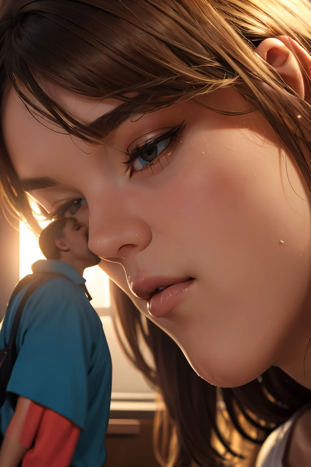 One giantess girl kissing short guy in room