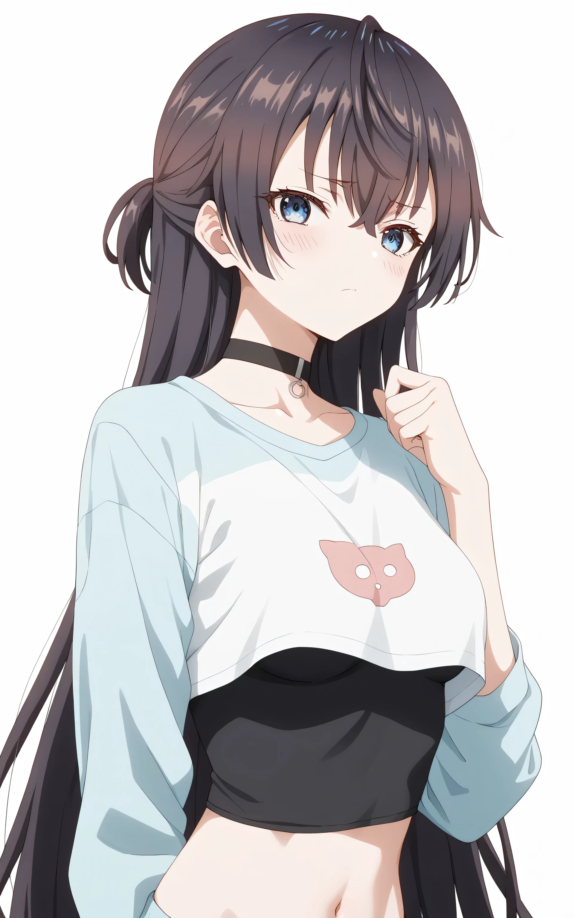 upper body, Yuki suou, anime style, Random Sexy pose , ((Ultra detailing)), (very aesthetic, best quality, ultra detailed), intricate details,
1girl, Long hair, blue eyes, sharp jawline, long hair, shy, medium breast, wearing Shirt, Crop top, claeavage, choker)