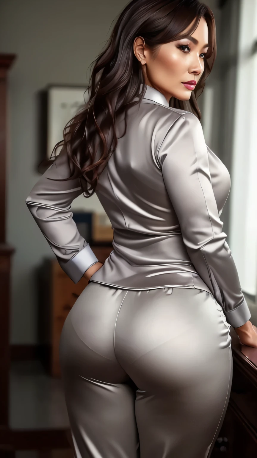 (Highest quality, 8k, 32K, masterpiece, Ultra-high resolution:1.2), One girl, (stunning old lady), Tight waist, grey suit, White shirt, office lady, suit, satin pants, From side, Office Room, machine, (Protruding buttocks wearing pants:1.2), Detailed face, long hair, 45 years old korean female, mature,  perfect anatomy, perfect detailed wrinkle 