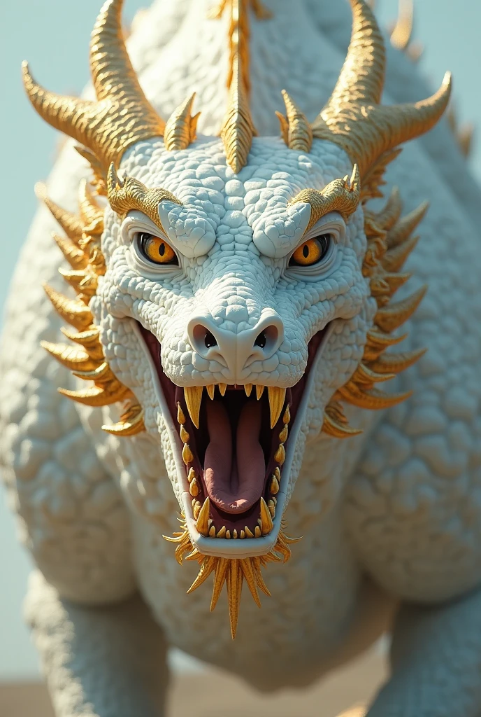 An angry white dragon looking sideways and in its eye the shape of a number six