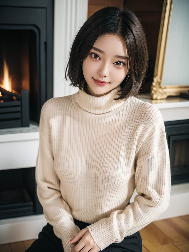 1 girl, cute, girly, cute, gentle features、glossy lips、double eyelids in both eyes、natural makeup, smile, (eye highlights:1.2), long eyelashes are bright, short hair, Smooth light brown hair、hair swaying in the wind, (bangs:1.3)、center image、8K、high detail、detailed hairstyle、detailed face、great movie lighting、octane rendering、vibrant、surreal、perfect limbs、perfect anatomy, beautiful proportions, Knitted turtleneck sweater, Jacket,