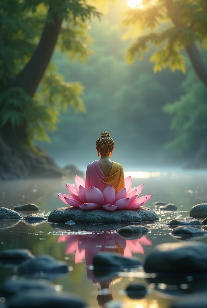 Create an image a calm attractive clean and very realstick post (1:1) for duruthu poya day with out any text must budda needs to meditate on a big lotus flower on the river with some water splashing hitting by sstones on the river, budda must be the main subject, remmber very realstick yet calm and clean