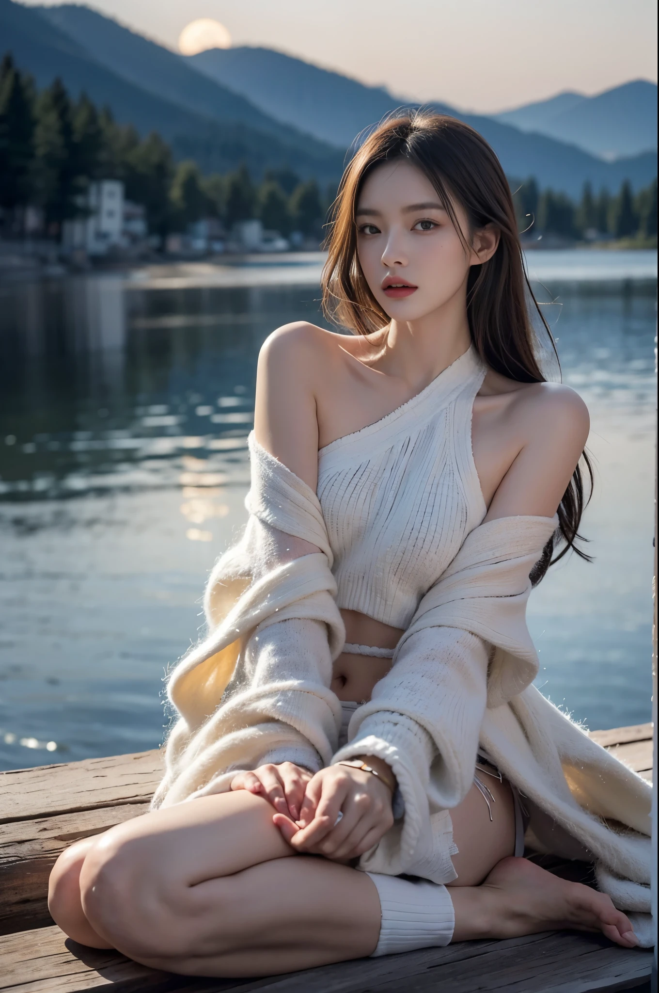 ((top quality、8k、Masterpiece:1.3))、Extremely delicate and beautiful girl,full-body shot,huge breasts,bigger breasts,amazing breast size,G cup。Wear big earrings,Very white skin,moist red lips,Waist is very thin,Thighs are very thin,big butt,fair and smooth skin,Smooth and fair skin,flawless skin,Fair and shiny skin,cold white skin,The camera focuses on the chest,Bright light,white sweater,Lower body exposed,bare shoulders,light blonde hair,The hair is light blonde,Snow covers the ground,snow mountain,sunset,lake